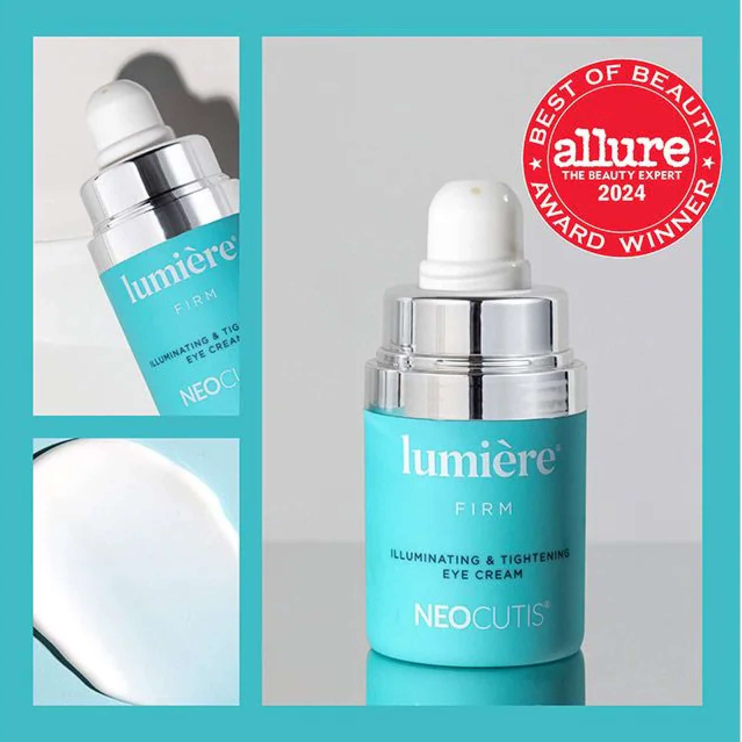 Neocutis Lumière Firm Eye Cream in a jar, designed for eyes, neck, and lips, with a smooth, illuminated appearance.