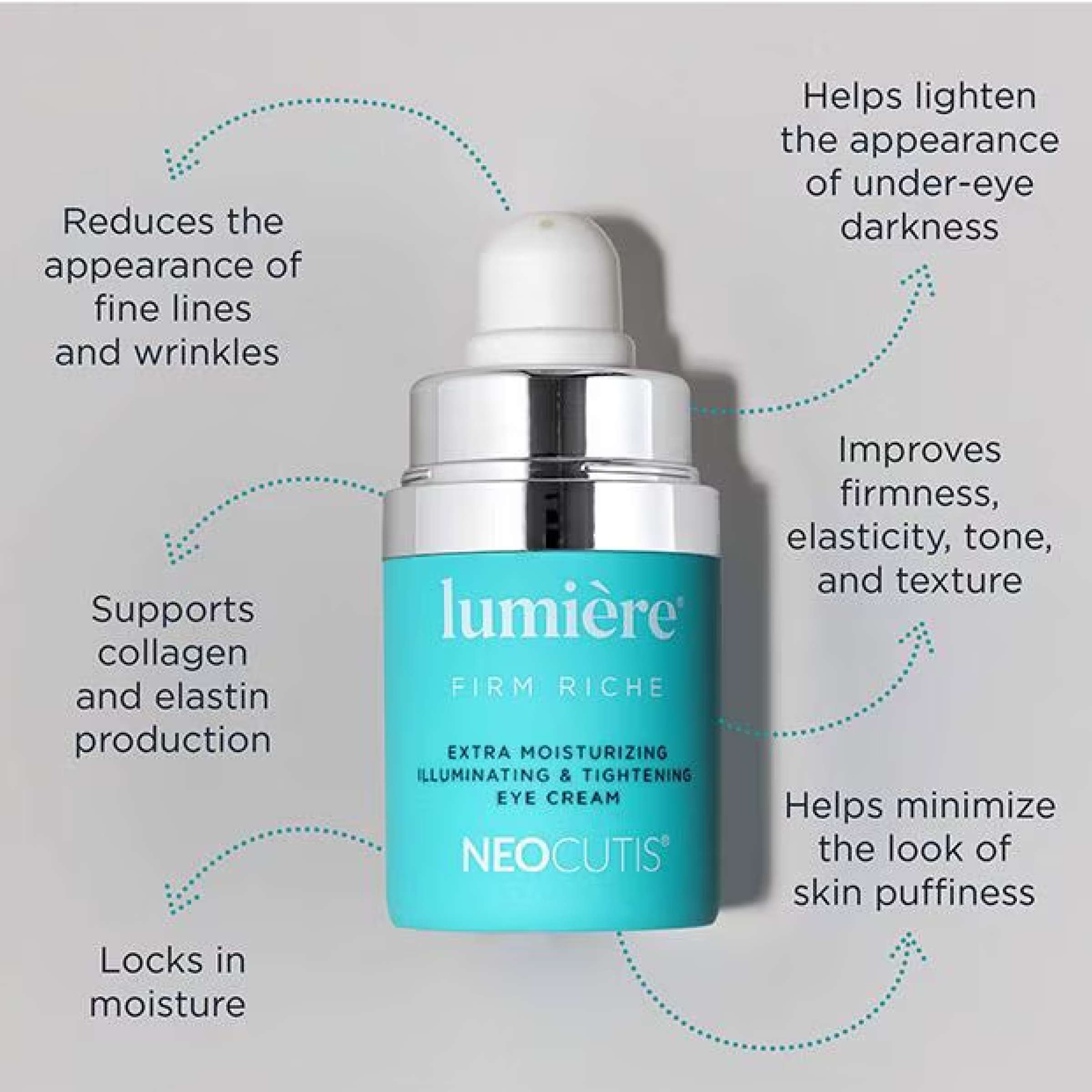 Neocutis Lumière Firm Riche Eye Cream jar with applicator, designed for eye area, part of wedoskin's eyes, neck and lips skincare line