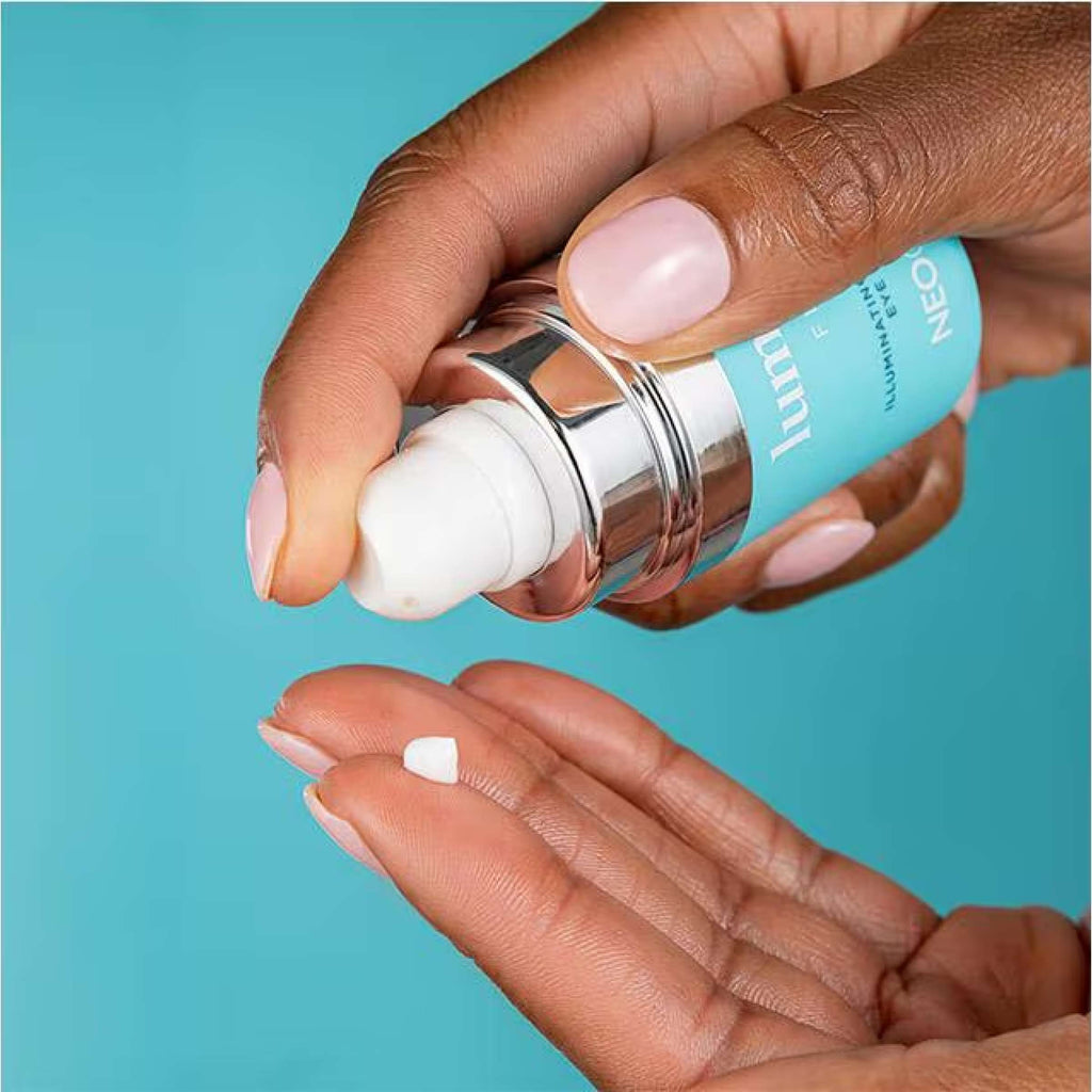 Neocutis Lumière Firm Riche Eye Cream in a jar, designed for eyes, neck, and lips, with a smooth, nourishing texture.