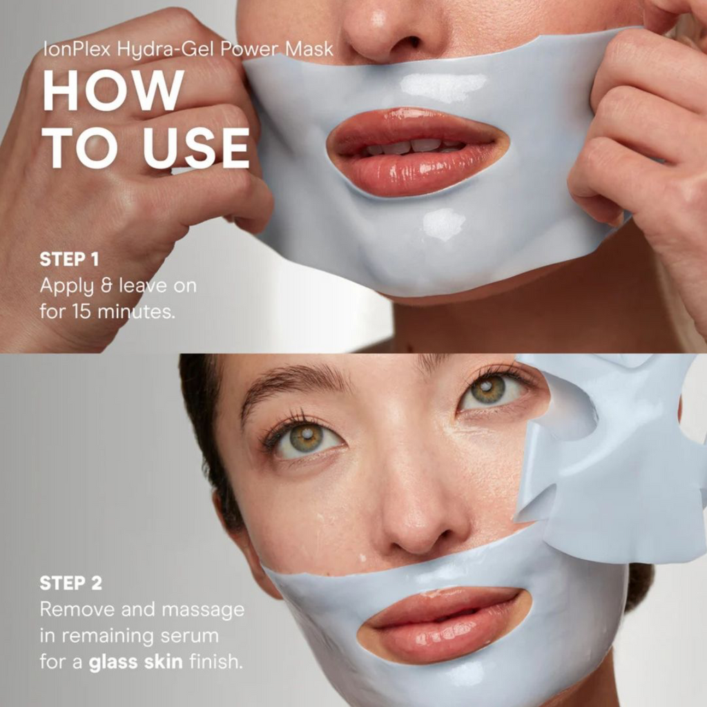 NuFACE IonPlex Hydra-Gel Power Mask from wedoskin, shown in use with applicator on a woman's face for nourishing skincare.