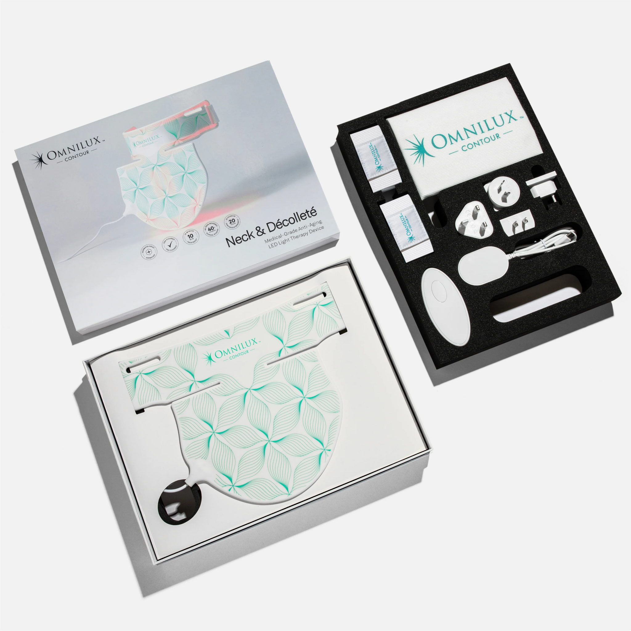 Omnilux Contour Neck and Décolleté anti-aging device from wedoskin, showing the sleek device and packaging for skin rejuvenation.