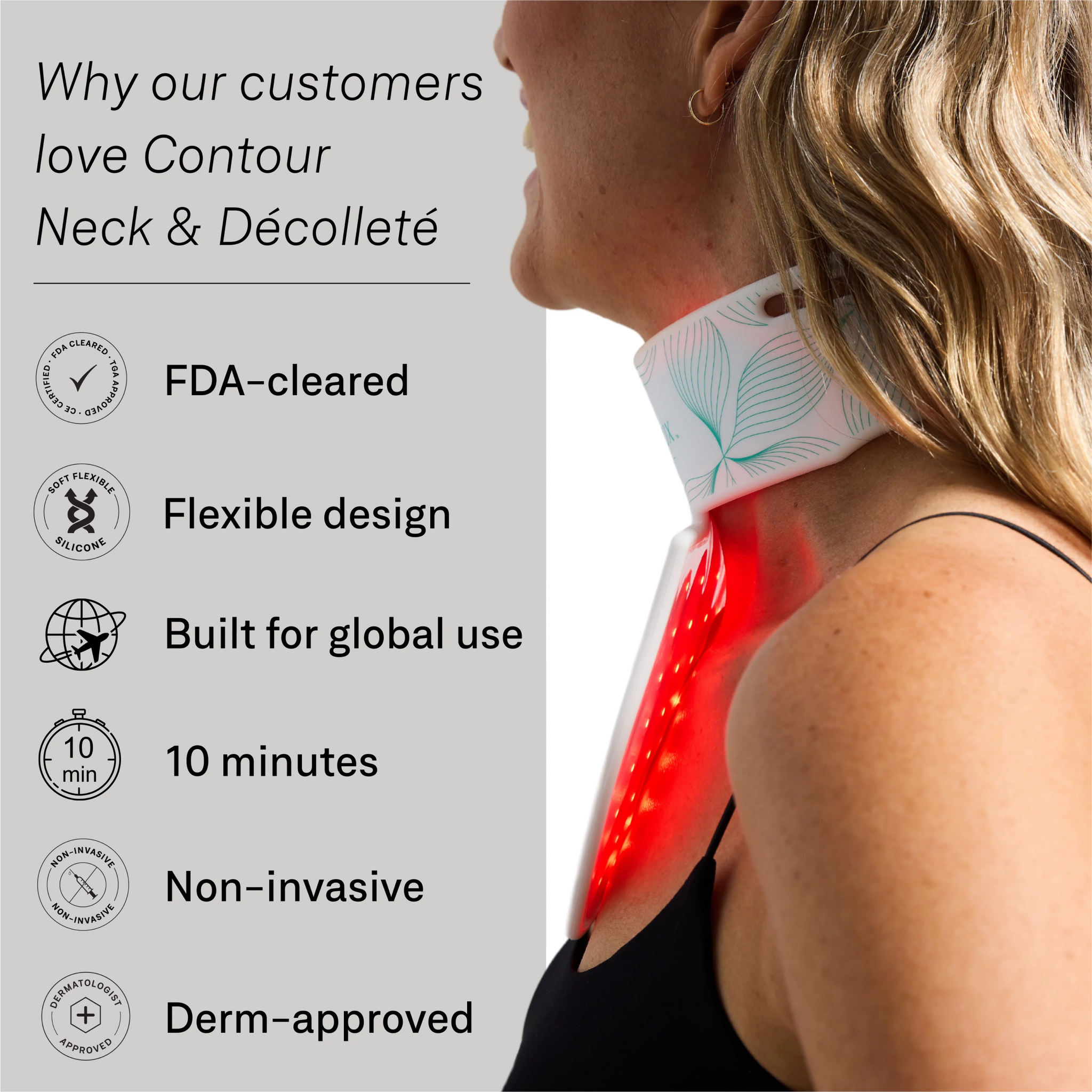 Omnilux Contour Neck & Décolleté anti-aging device by wedoskin, shown in sleek design with treatment area for neck and décolleté.