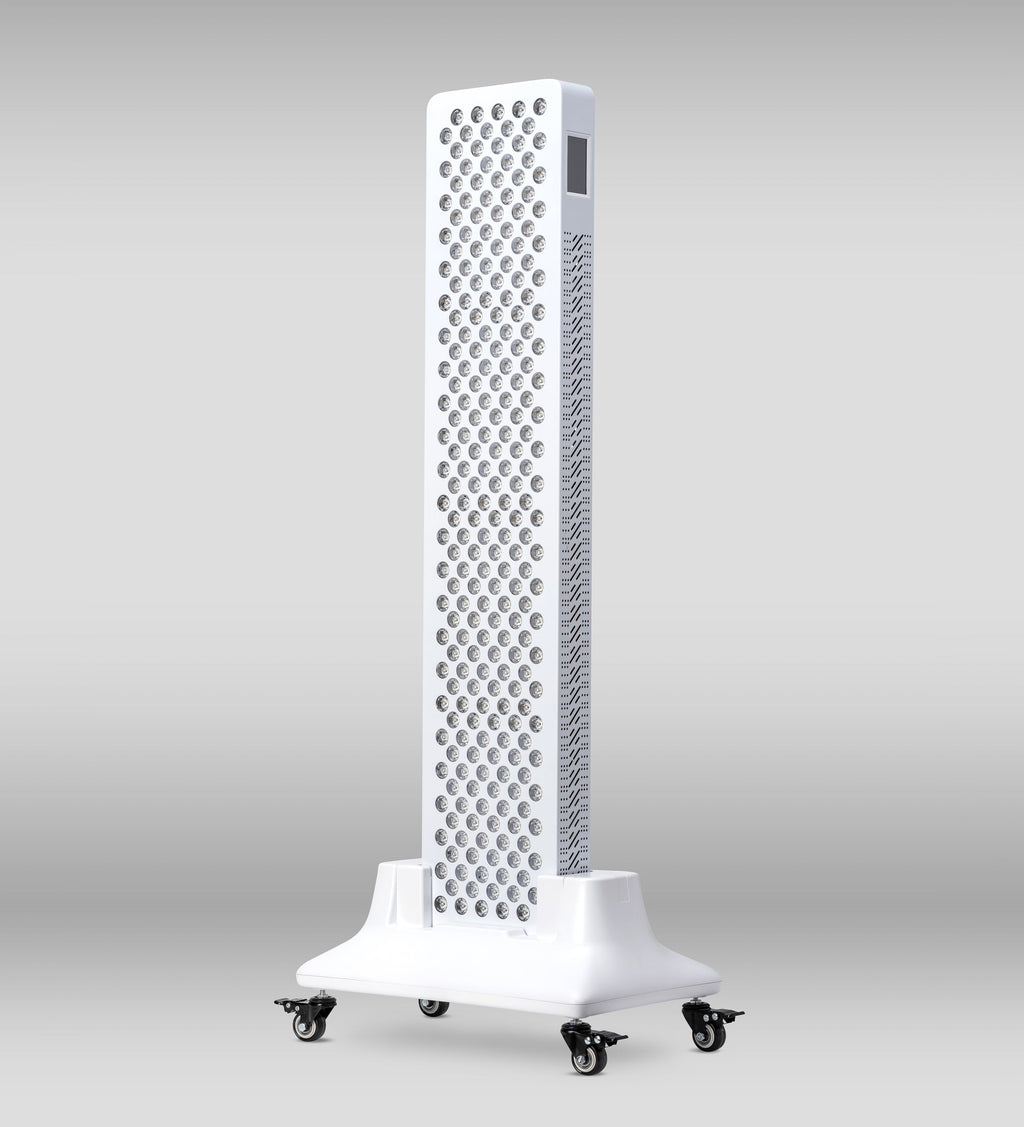 Orion One Plus red light therapy device with stand, showing the sleek red light panel and adjustable stand for targeted treatment.