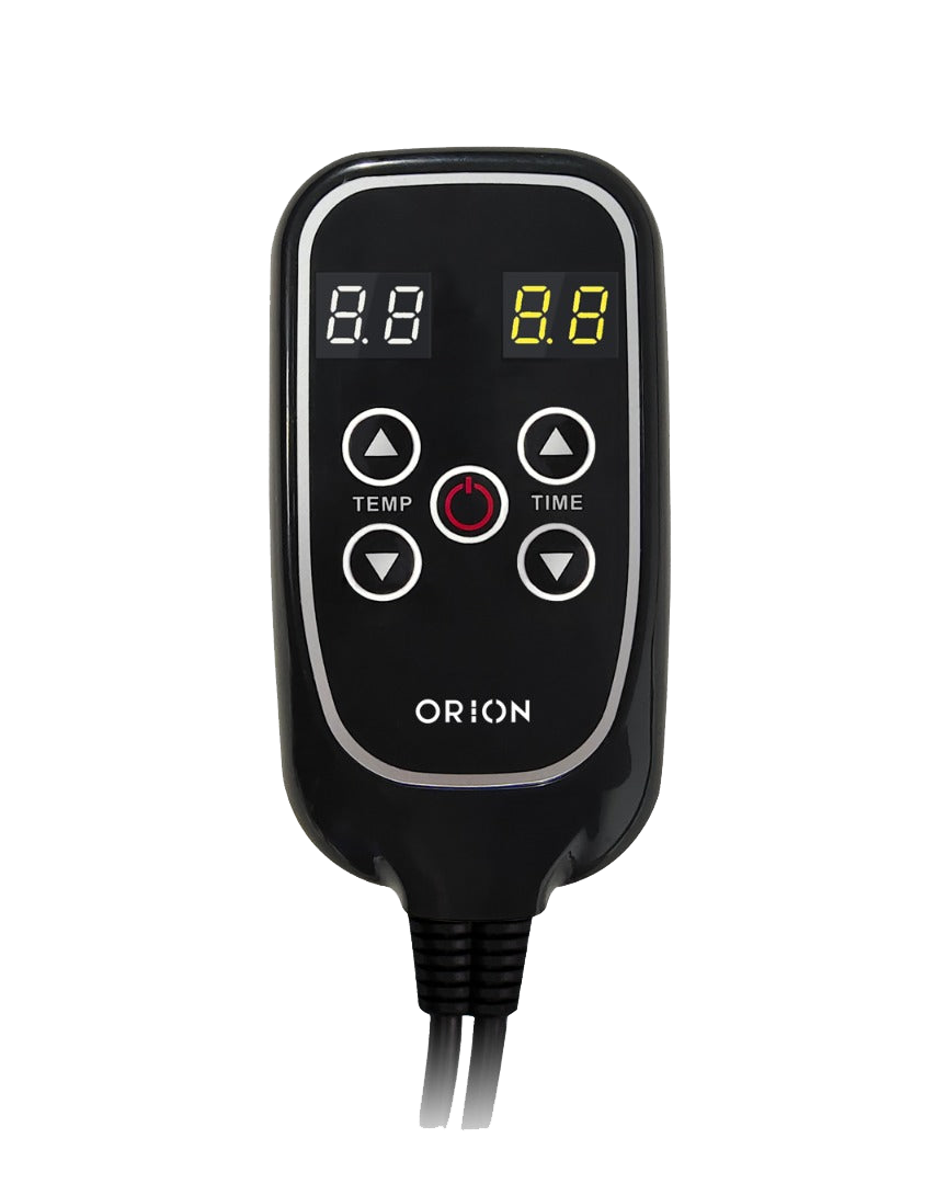 Orion Embers Sauna Blanket controller with digital display and control buttons for adjustable heat settings.