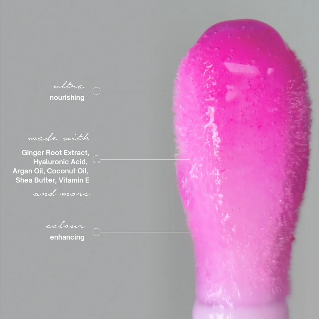 Image of Wedoskin Revive7 Lip Serum Passion Pink with ingredients displayed, designed for lips, eyes, and neck skincare.