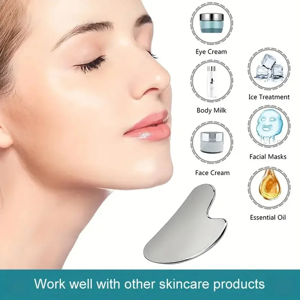 Stainless steel Gua Sha facial tool from MediSpa Aesthetica Shop, showing a smooth, curved design for facial massage.
