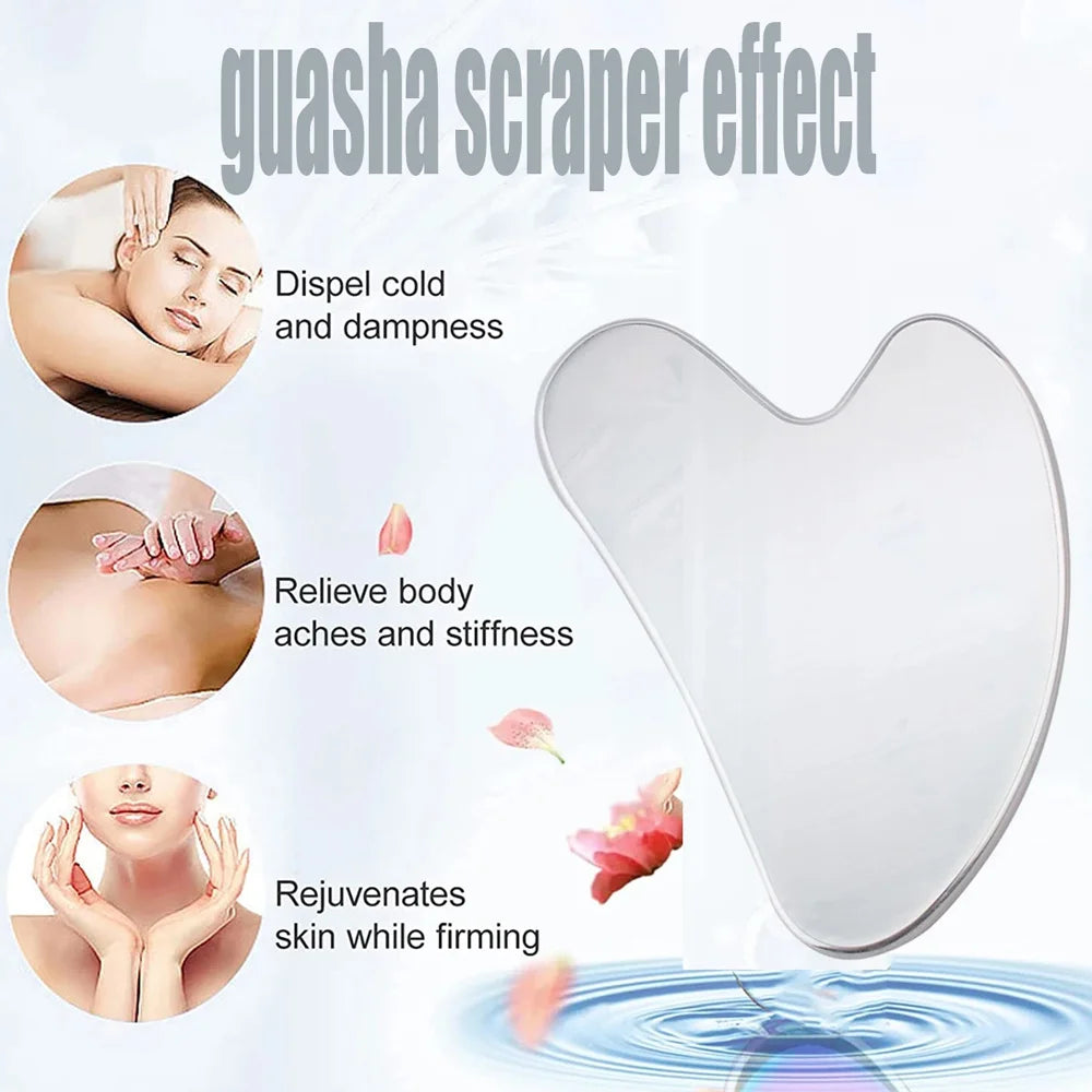 Stainless steel Gua Sha facial tool from MediSpa Aesthetica Shop, with smooth, curved surface for skincare massage therapy.