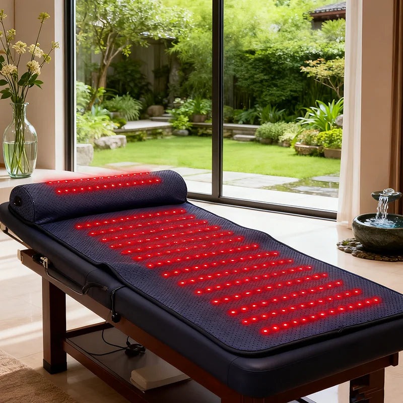 Red Light Therapy Mat from The Clinica Shop with 675 LEDs, infrared heat, and ergonomic 3D neck support for pain relief and relaxation.