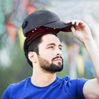 Infrared LEDs 660nm and 850nm red light therapy hair growth cap for hair repair, with multiple LED lights on a black cap.
