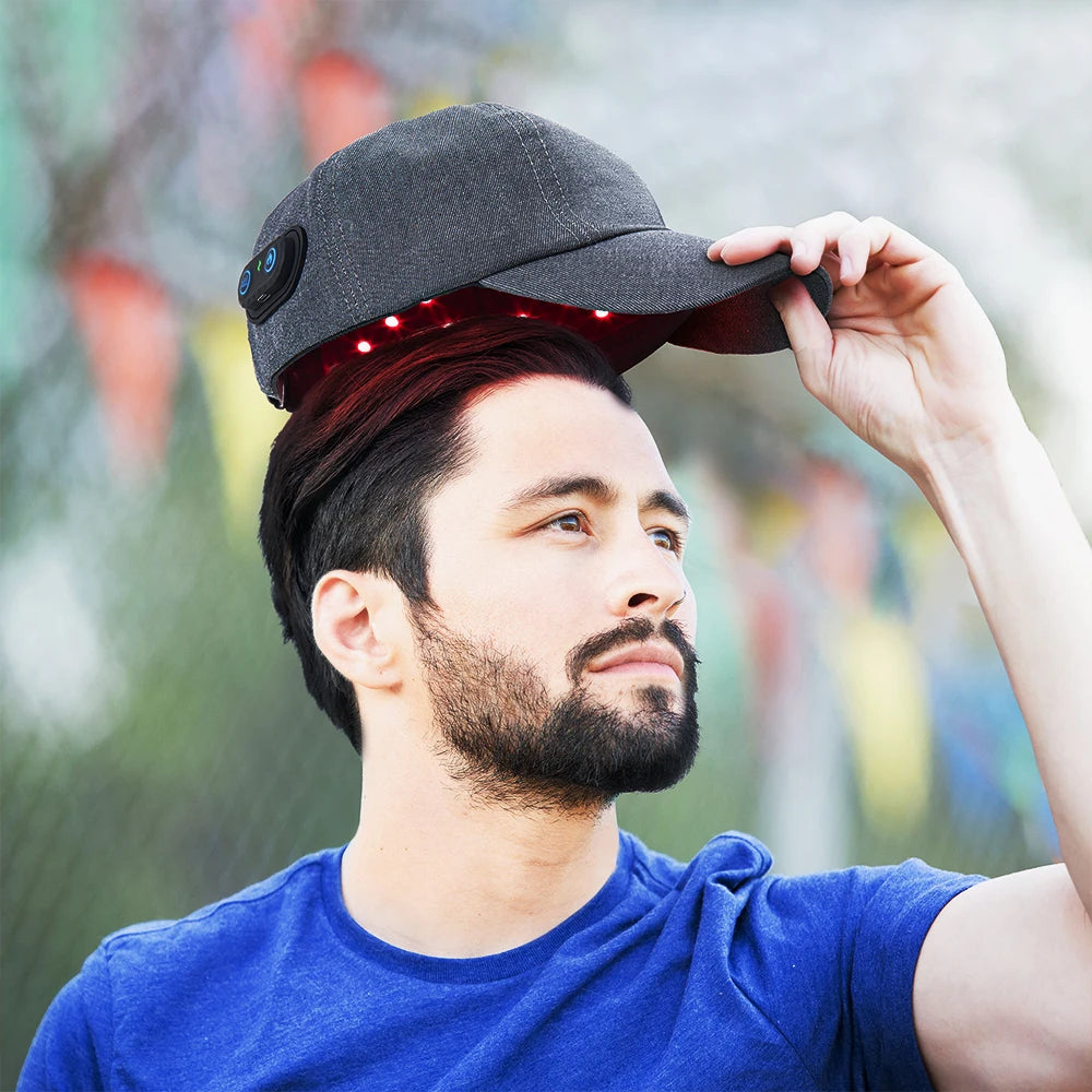 Infrared LEDs 660nm and 850nm red light therapy hair growth cap for hair repair, with multiple LED lights on a black cap.