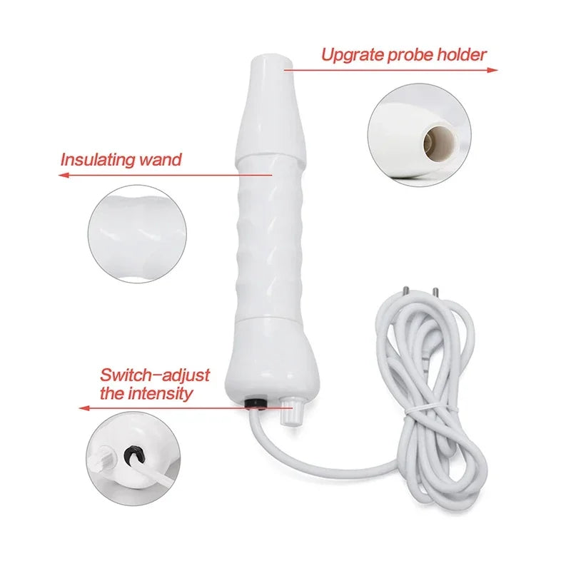 Medi Spa Aesthetica high frequency facial wand for anti-aging skincare, with glass electrode tips and control dial.