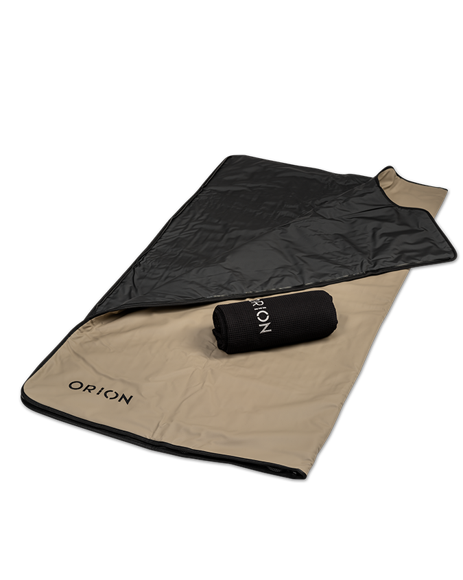 Orion Embers Sauna Blanket with black towel, shown folded, designed for heat therapy and relaxation.