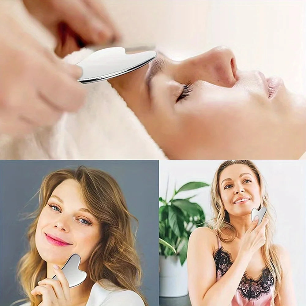 Stainless steel Gua Sha facial tool by MediSpa Aesthetica Shop, with smooth edges and ergonomic design for facial massage.