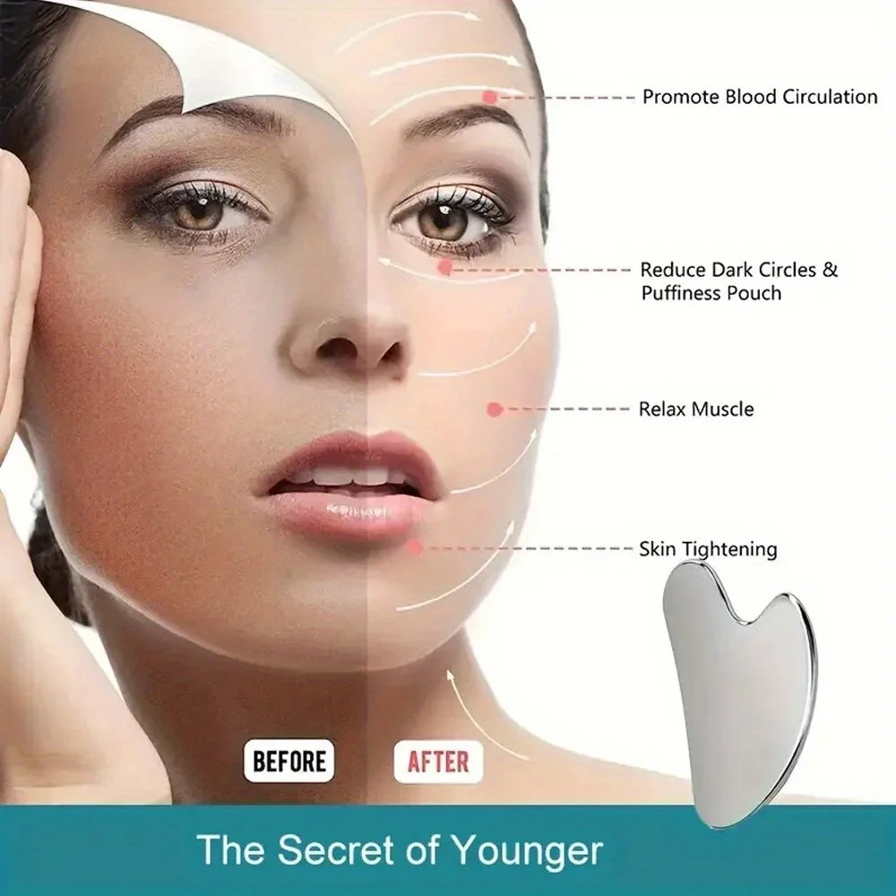 Stainless steel Gua Sha facial tool from MediSpa Aesthetica Shop, showing a smooth, curved scraper for facial massage.
