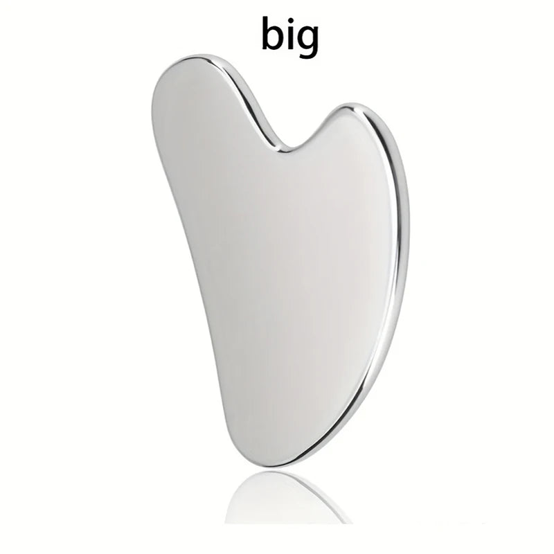 Stainless steel Gua Sha facial tool from MediSpa Aesthetica Shop, smooth-edged for facial massage and skin contouring.