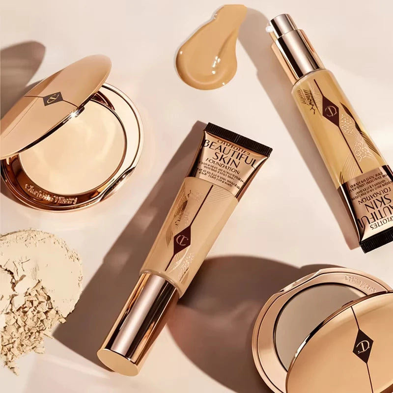 Close-up of Charlotte Tilbury makeup products displayed with MediSpa Aesthetica branding, showcasing elegant packaging and vibrant colors.