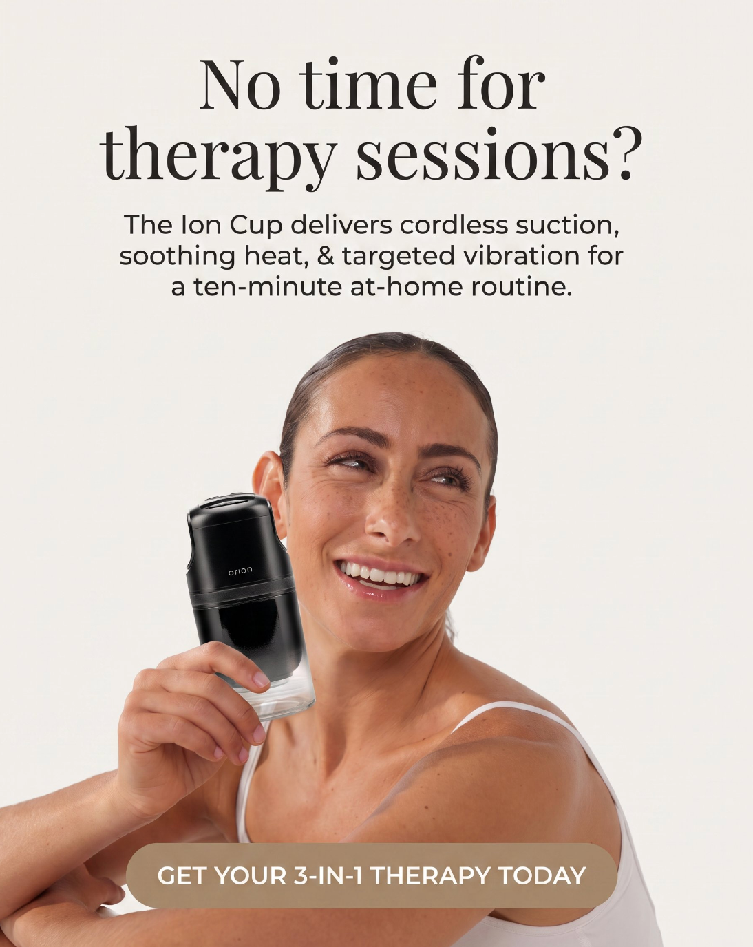 Orion Ion Cup massage cupping device shown in a screenshot, featuring a clear, round cup with a smooth edge for therapy use.