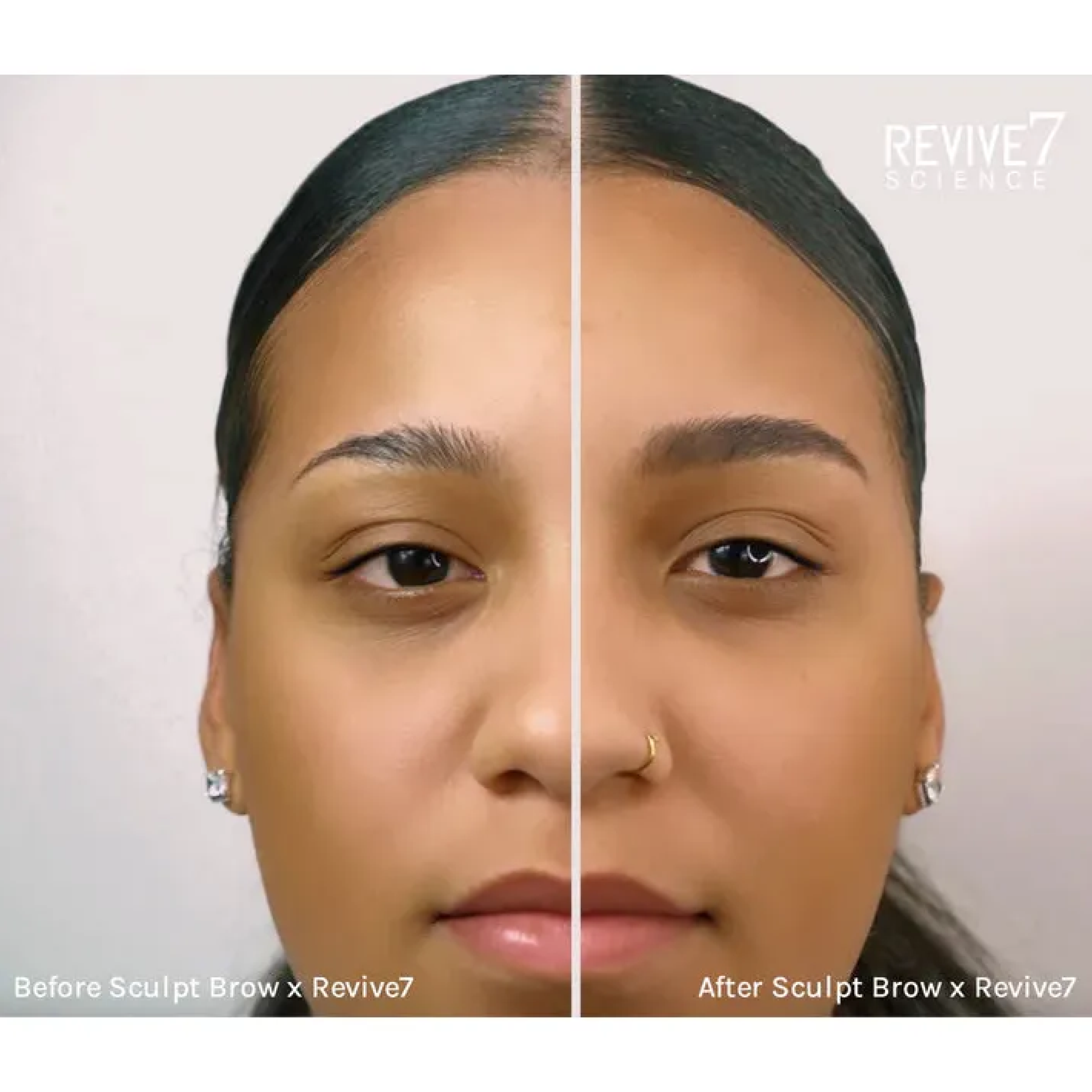 Before and after images of wedoskin Sculpt Brow x Revive7 Brow Kit showing defined eyebrows and natural brow enhancement.