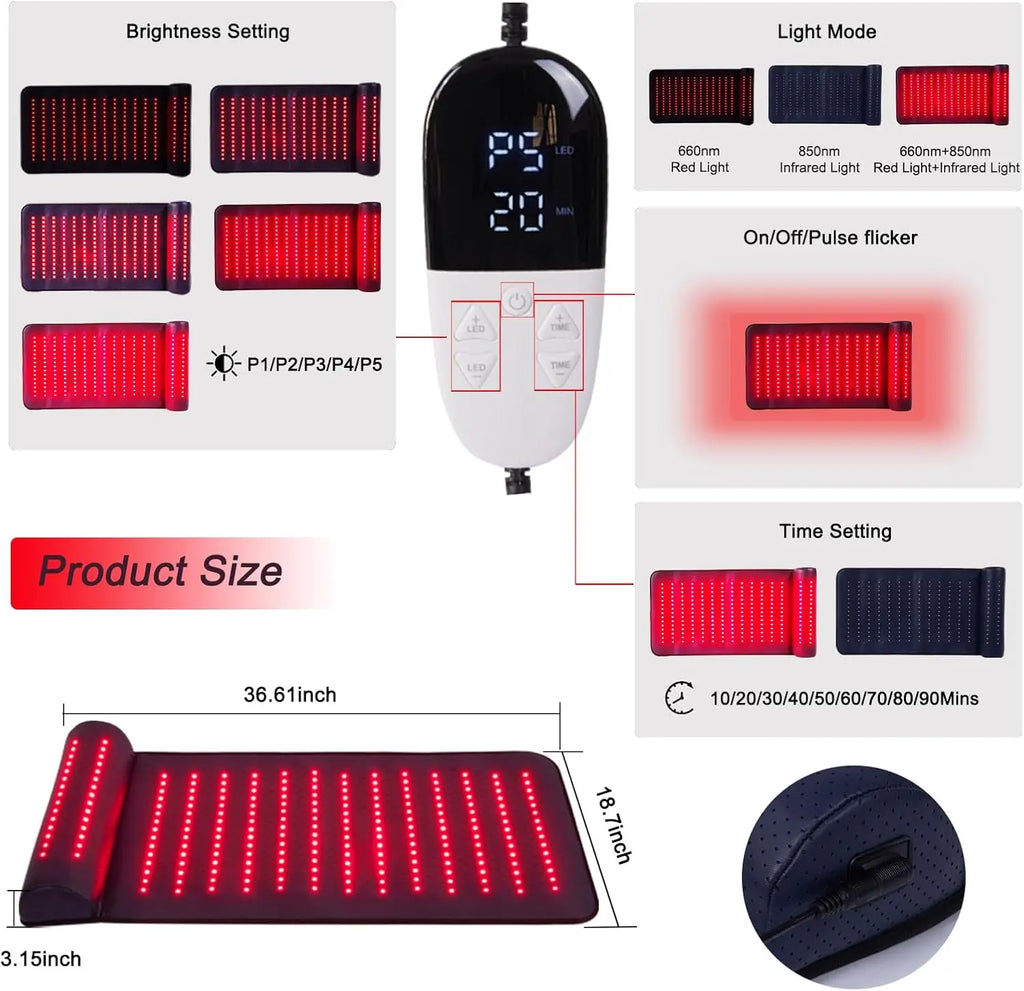 Professional red light therapy mat with 675 LEDs, far infrared heat, and ergonomic 3D neck support from The Clinica Shop.