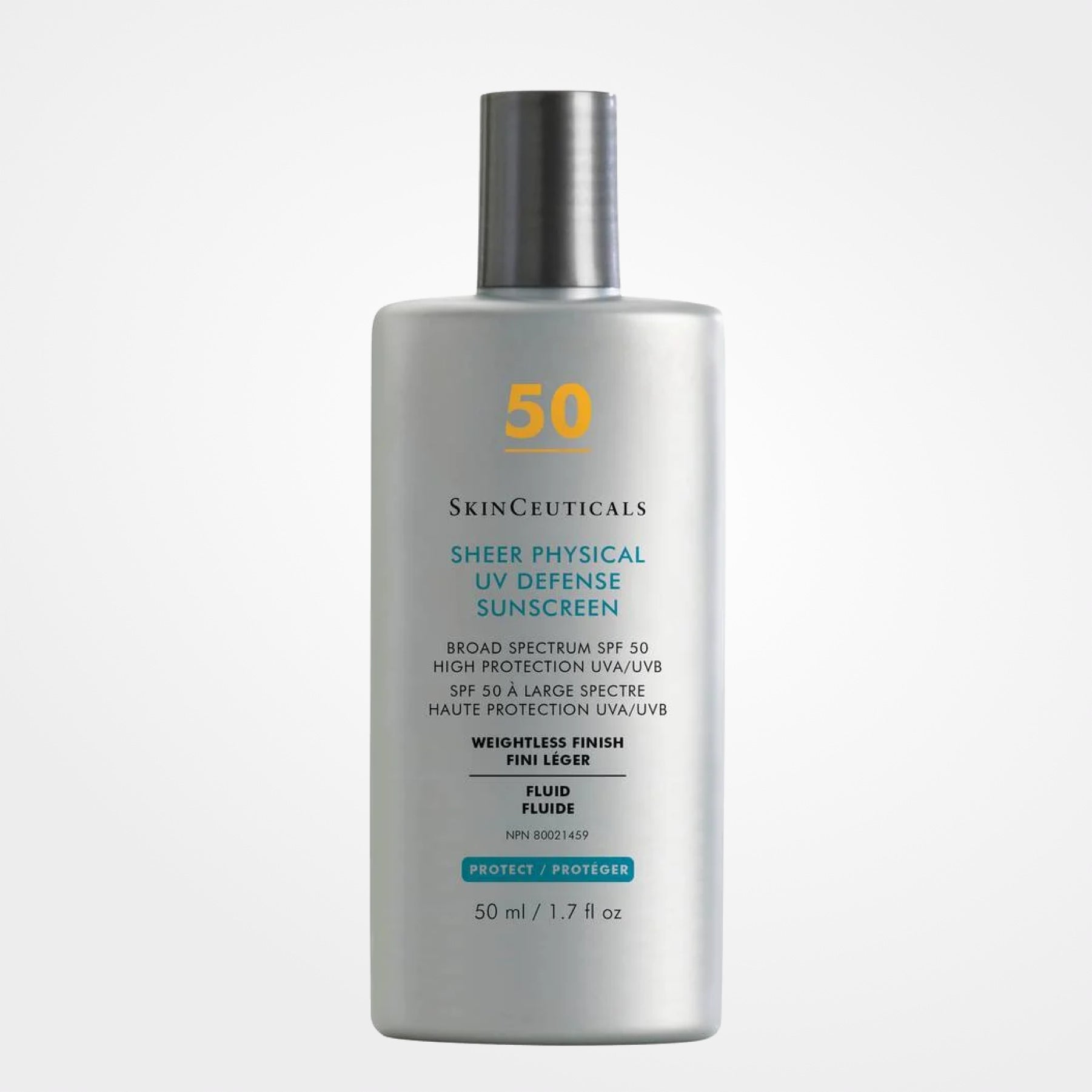 wedoskin SkinCeuticals Sheer Physical UV Defense SPF 50 sunscreen tube with a white cap and minimalist design.