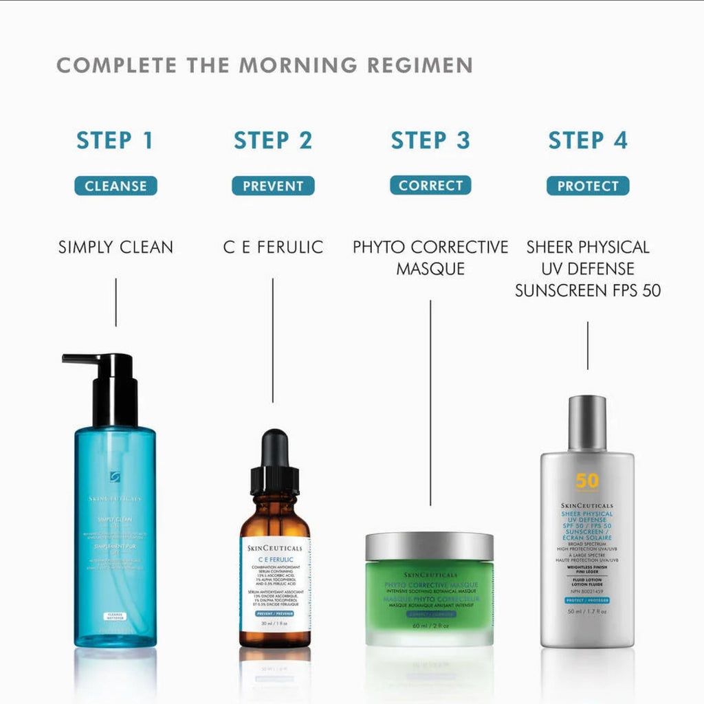 SkinCeuticals Sheer Physical UV Defense SPF 50 sunscreen in a tube, part of a morning skincare regimen.