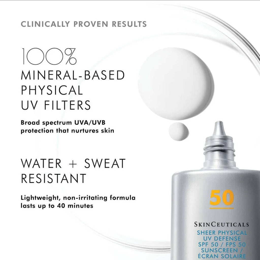 Sheer SkinCeuticals UV Defense SPF 50 sunscreen tube with a smooth, tinted finish, shown in a close-up image.