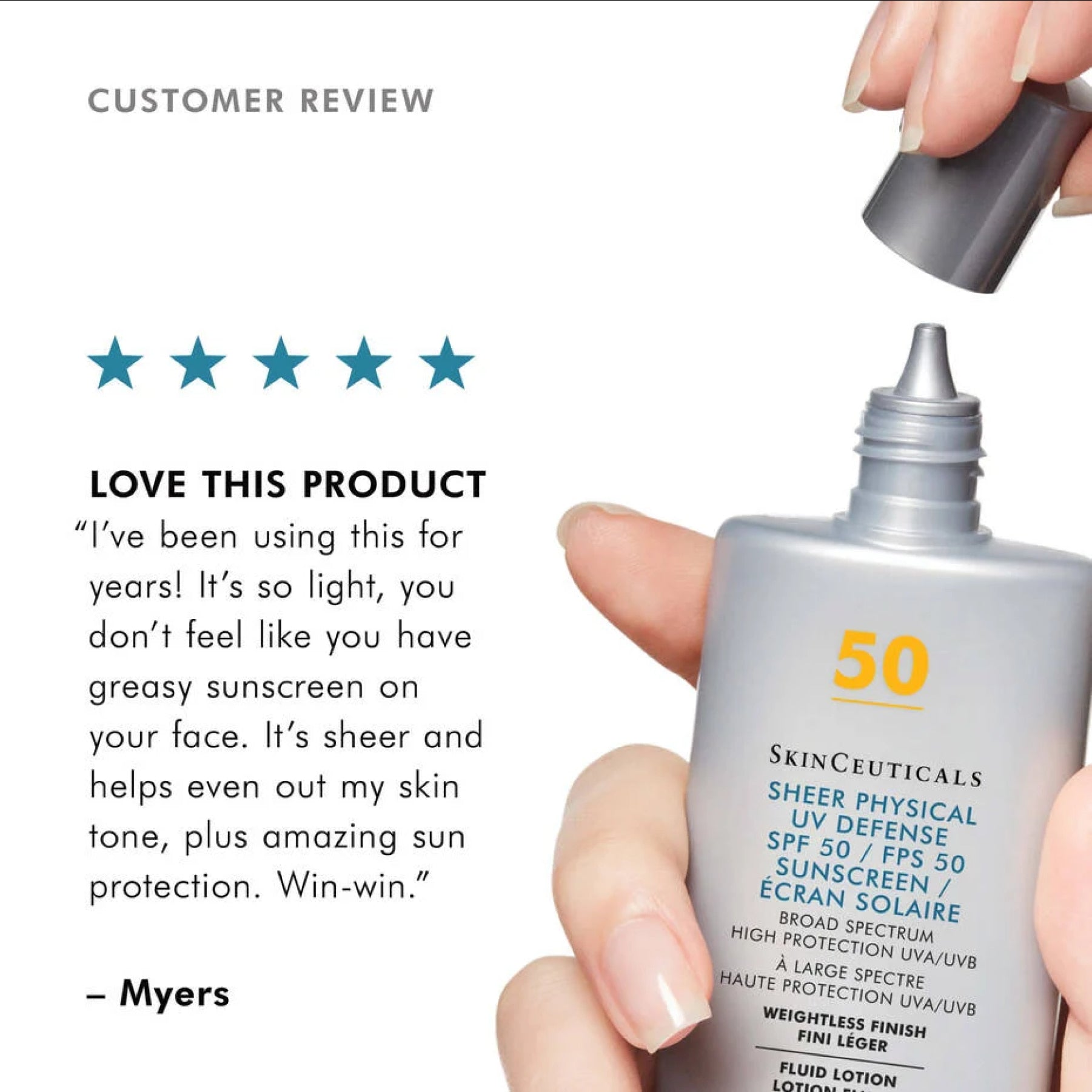 SkinCeuticals Sheer Physical UV Defense SPF 50 sunscreen tube with lightweight, sheer formula and broad-spectrum sun protection.