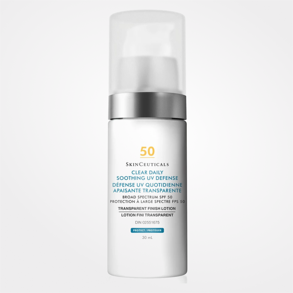 SkinCeuticals Clear Daily Soothing UV Defense Sunscreen SPF 50 in a white tube with a blue cap, designed for sensitive skin protection.