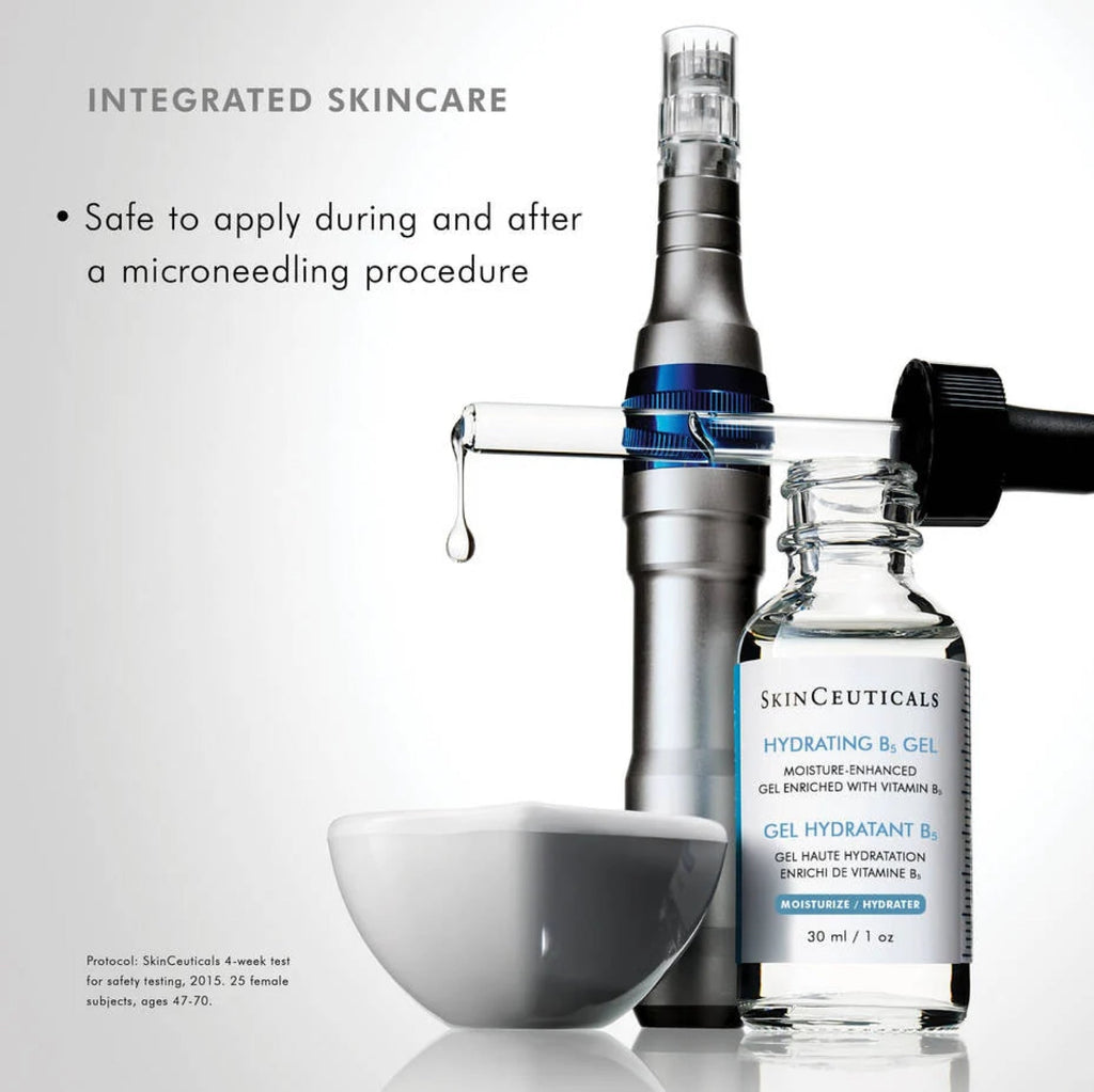 SkinCeuticals Hydrating B5 Gel applied to skin, showing a clear gel texture in a skincare serum bottle.