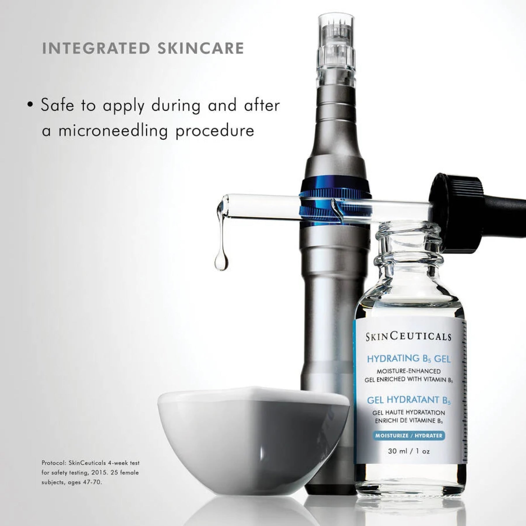 SkinCeuticals Hydrating B5 Gel applied to skin, showing a clear gel texture in a skincare serum bottle.