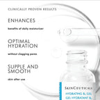 SkinCeuticals Hydrating B5 Gel serum showing smooth, hydrated skin with a clear gel texture on a light background.
