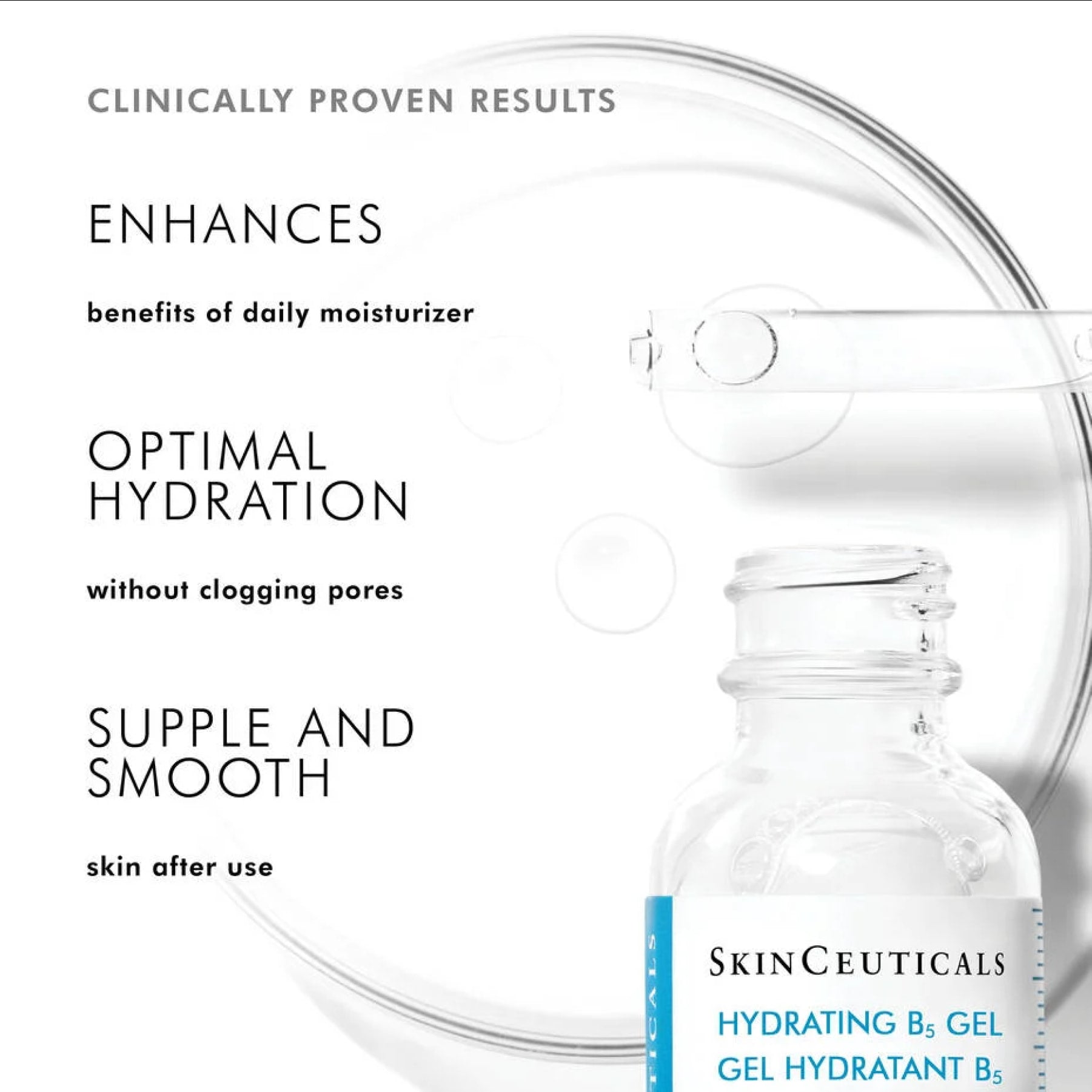 SkinCeuticals Hydrating B5 Gel serum showing smooth, hydrated skin with a clear gel texture on a light background.