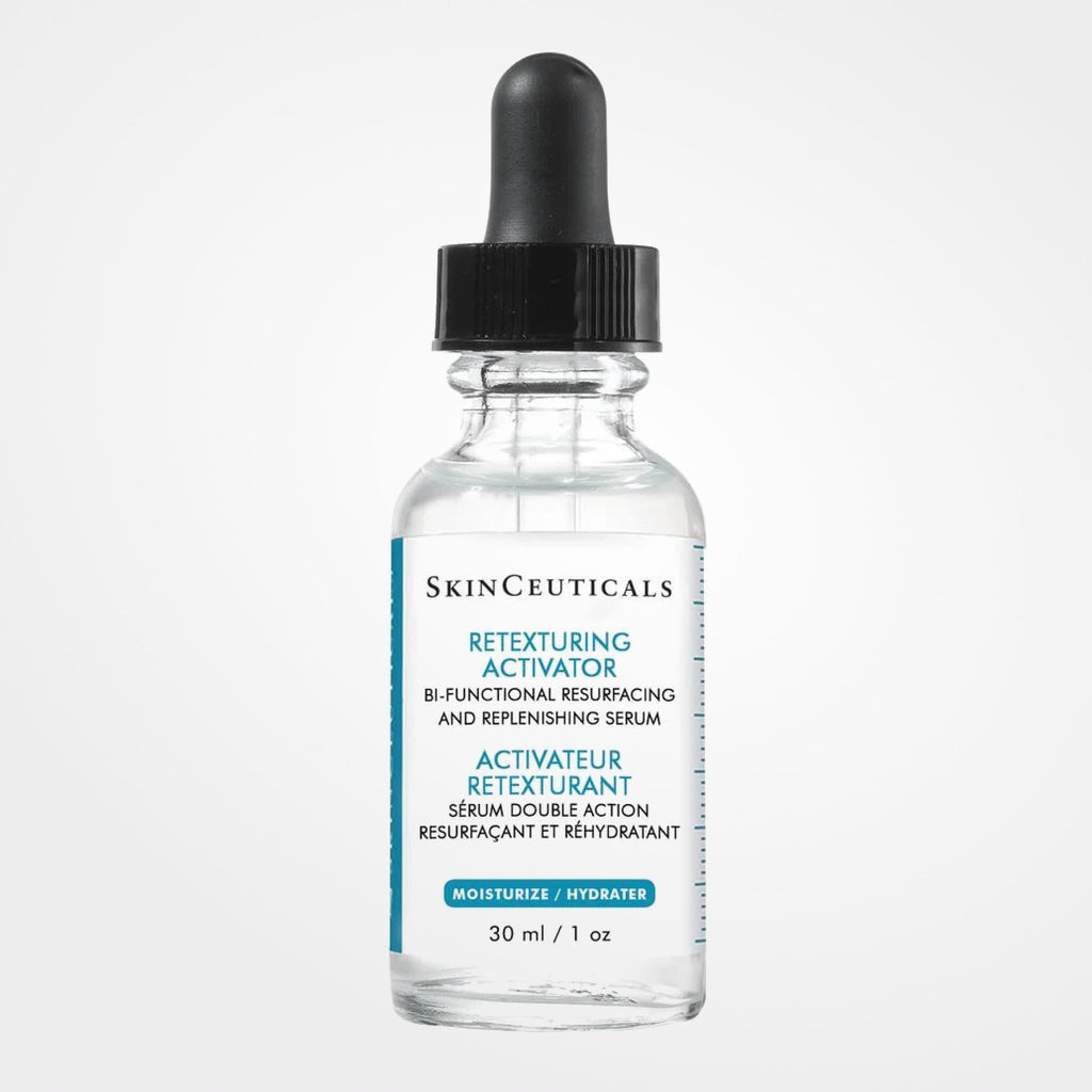 SkinCeuticals Retexturing Activator serum bottle with a sleek design, showing the product label and clear liquid inside.