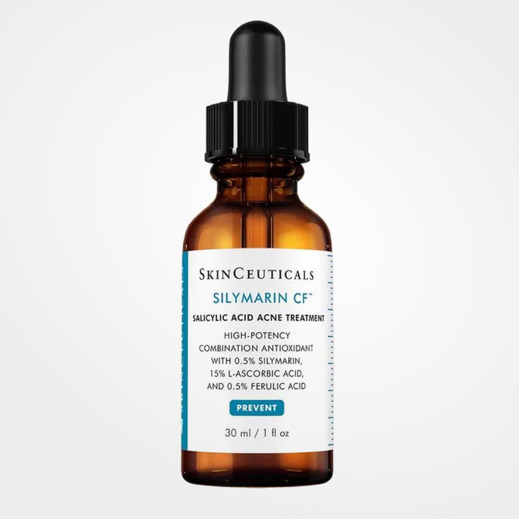 SkinCeuticals Silymarin CF serum bottle with dropper, highlighting antioxidant skincare concentrate in a sleek container.