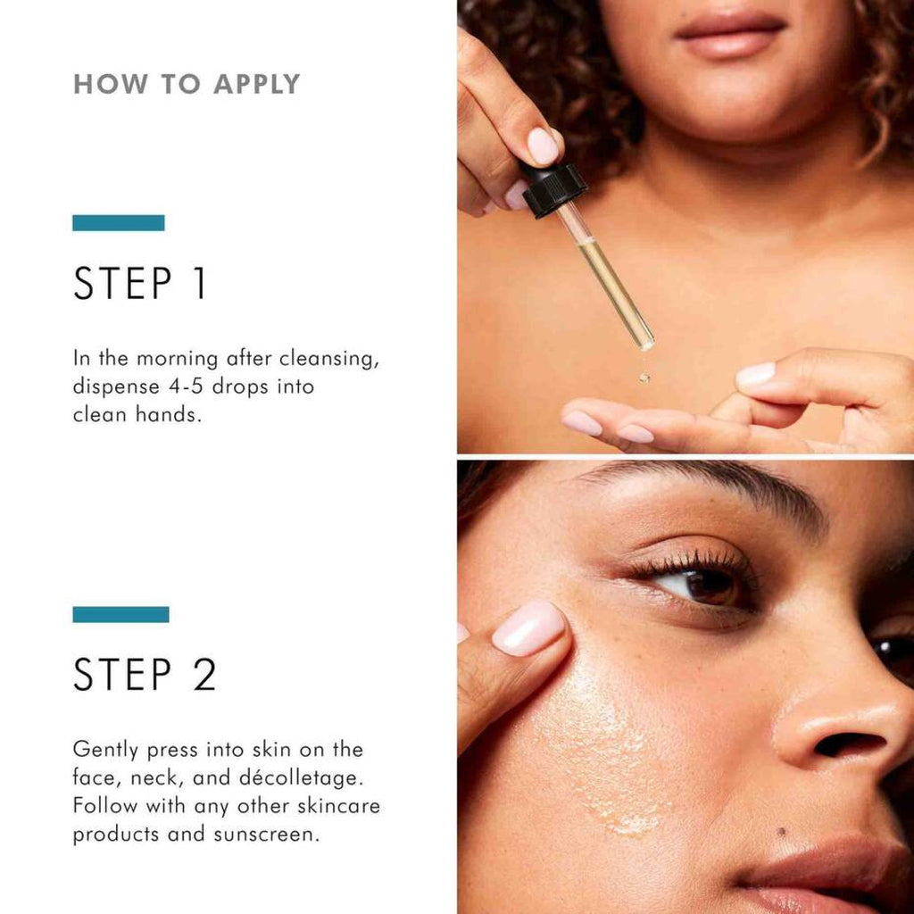 SkinCeuticals Silymarin CF serum bottle with dropper, showing how to apply the antioxidant concentrate for skincare.