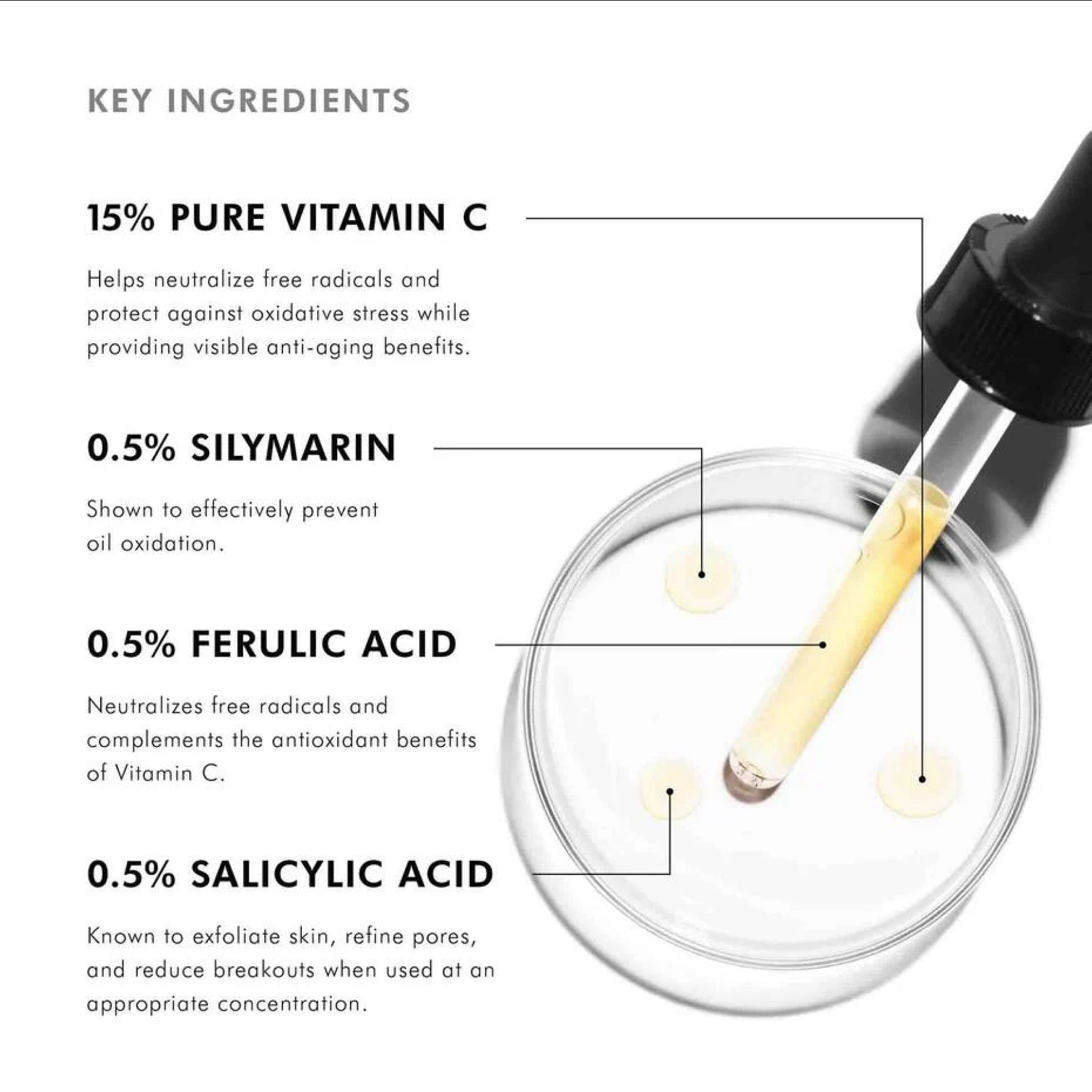 SkinCeuticals Silymarin CF serum ingredients displayed in a clear image, highlighting antioxidants and botanical extracts.