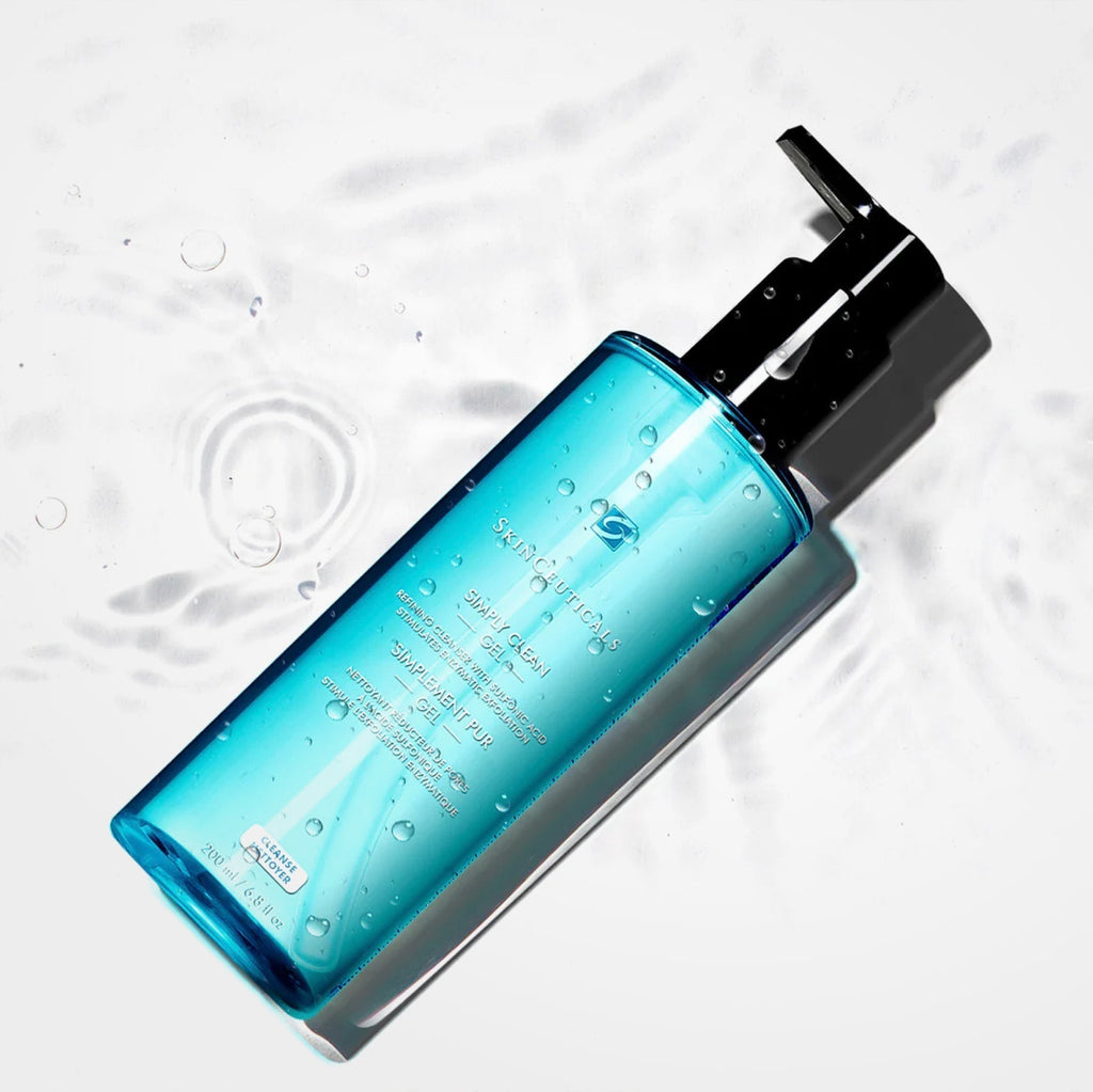 SkinCeuticals Simply Clean gel cleanser in a clear bottle with a white pump, designed for daily skincare and deep pore cleansing.