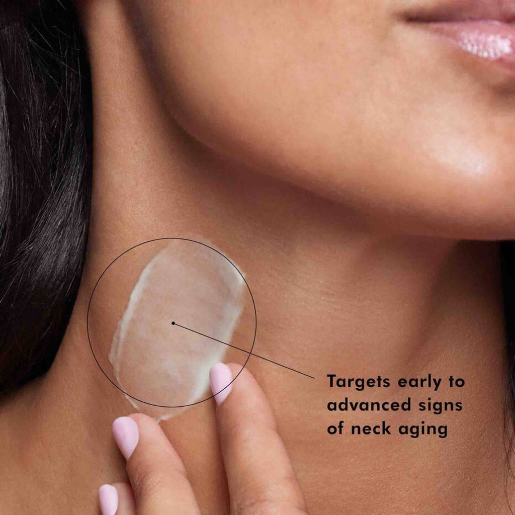 SkinCeuticals Tripeptide-R Neck Repair cream shown with smooth, youthful-looking neck skin in a natural setting.