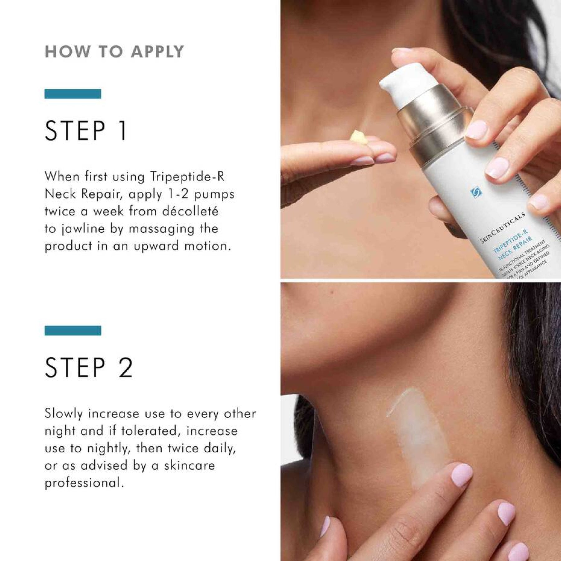 SkinCeuticals Tripeptide-R Neck Repair cream applied to neck area, demonstrating proper application technique for skincare.
