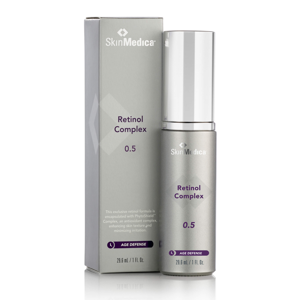 SkinMedica Retinol Complex 0.5 bottle with dropper, designed for skincare and anti-aging treatment, in a sleek white container.