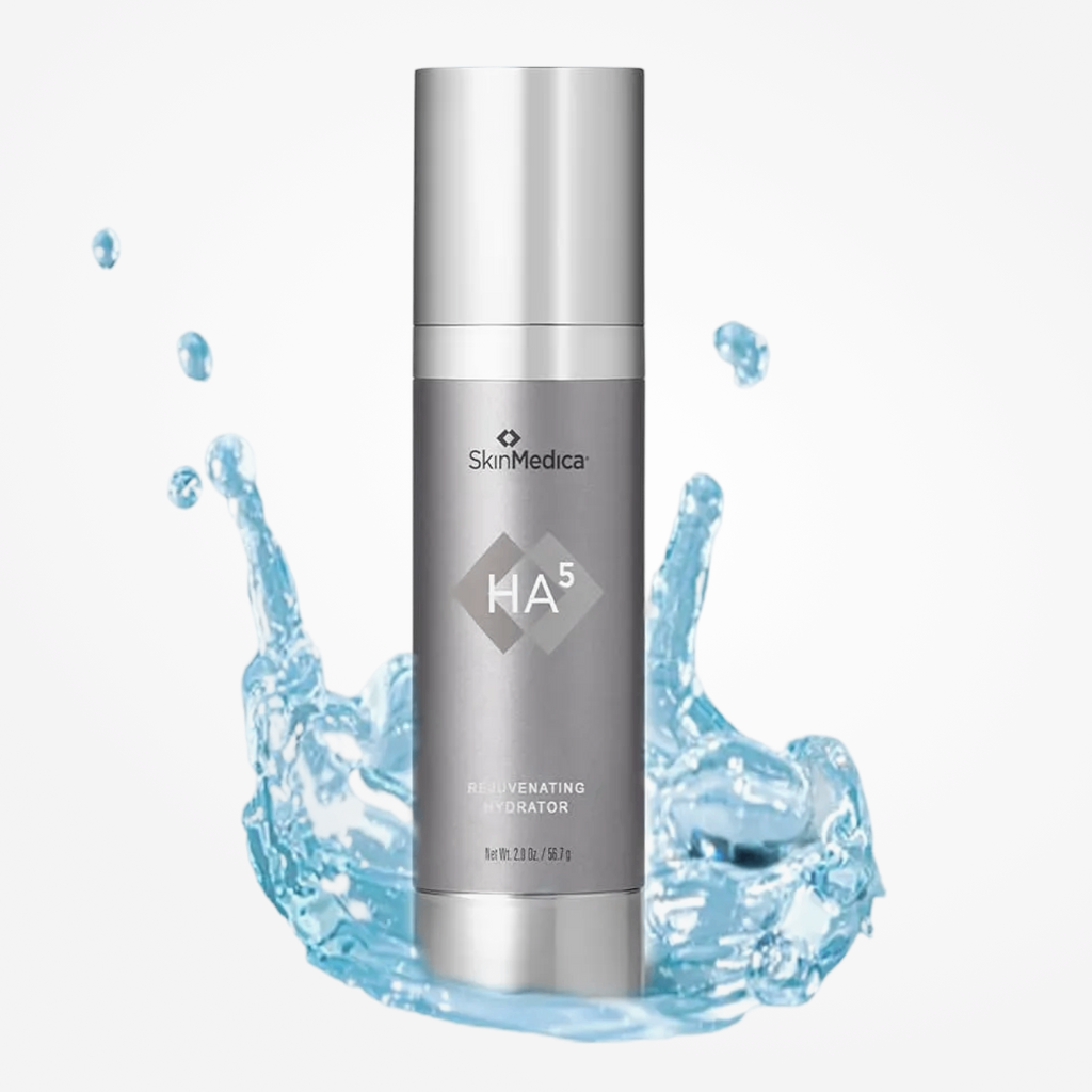 SkinMedica HA5 Rejuvenating Hydrator moisturizer with hyaluronic acid, featuring a sleek jar and applicator for skin hydration.
