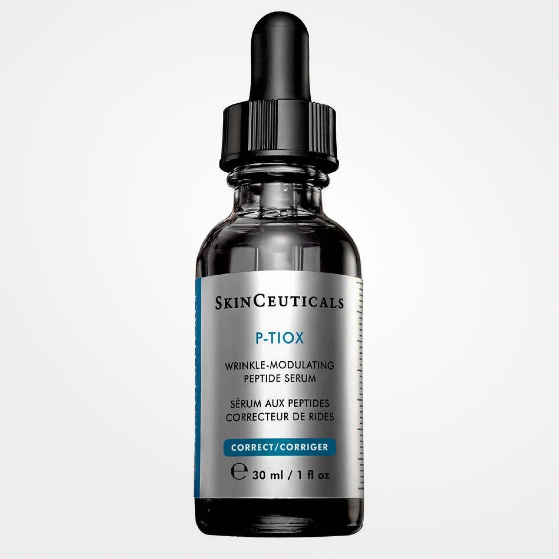 SkinCeuticals P-TIOX needle-free anti-wrinkle serum in a sleek bottle, with a dropper applicator for youthful skin.