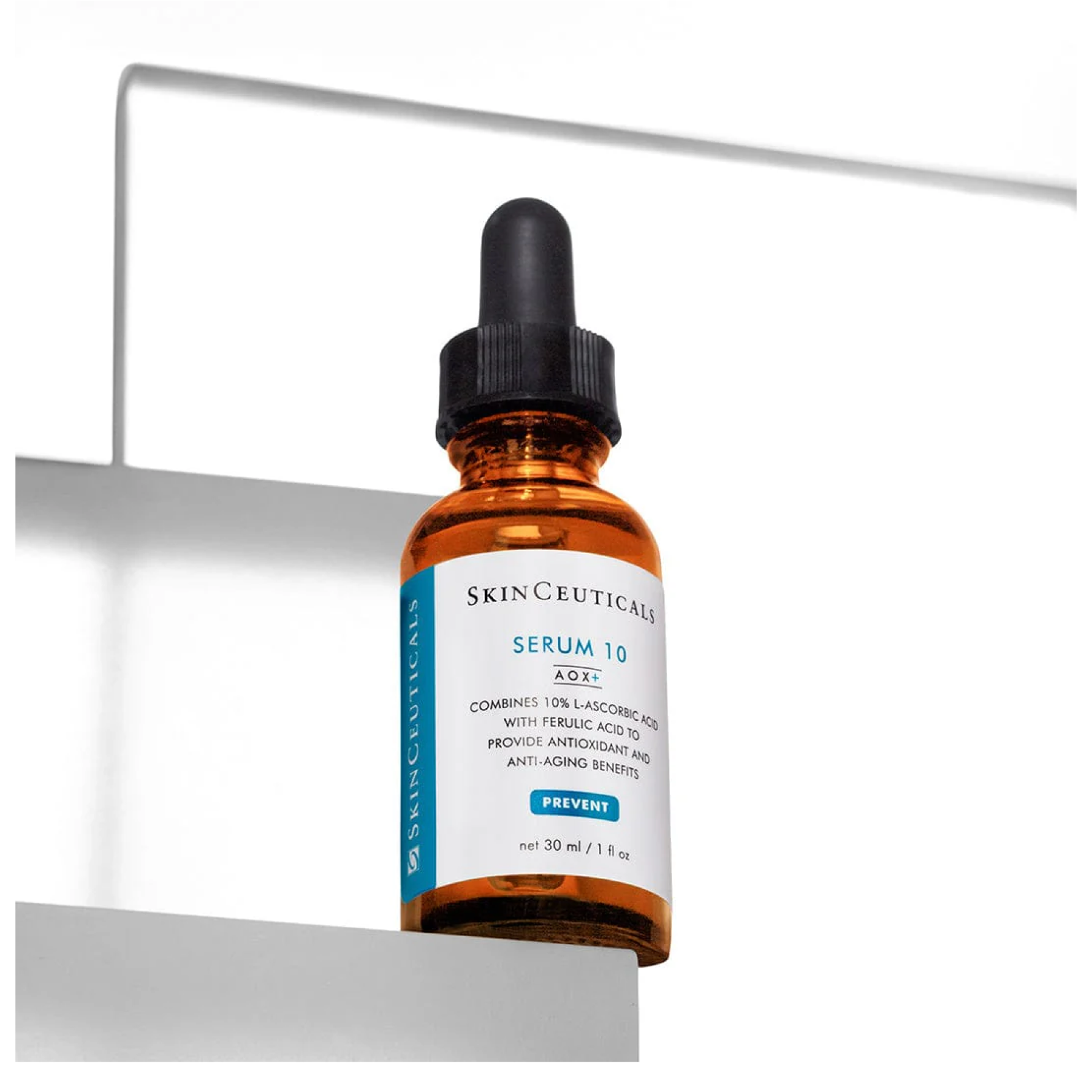 SkinCeuticals Serum 10 AOX+ bottle showing clear glass container with dropper cap, containing antioxidant serum.