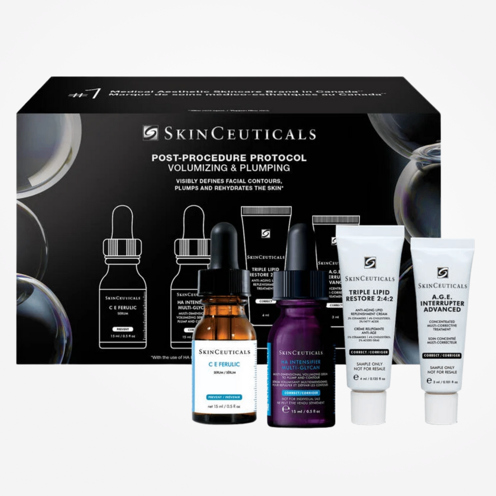 SkinCeuticals Post-Procedure Protocol kit with volumizing and plumping skincare products for skin recovery and rejuvenation.