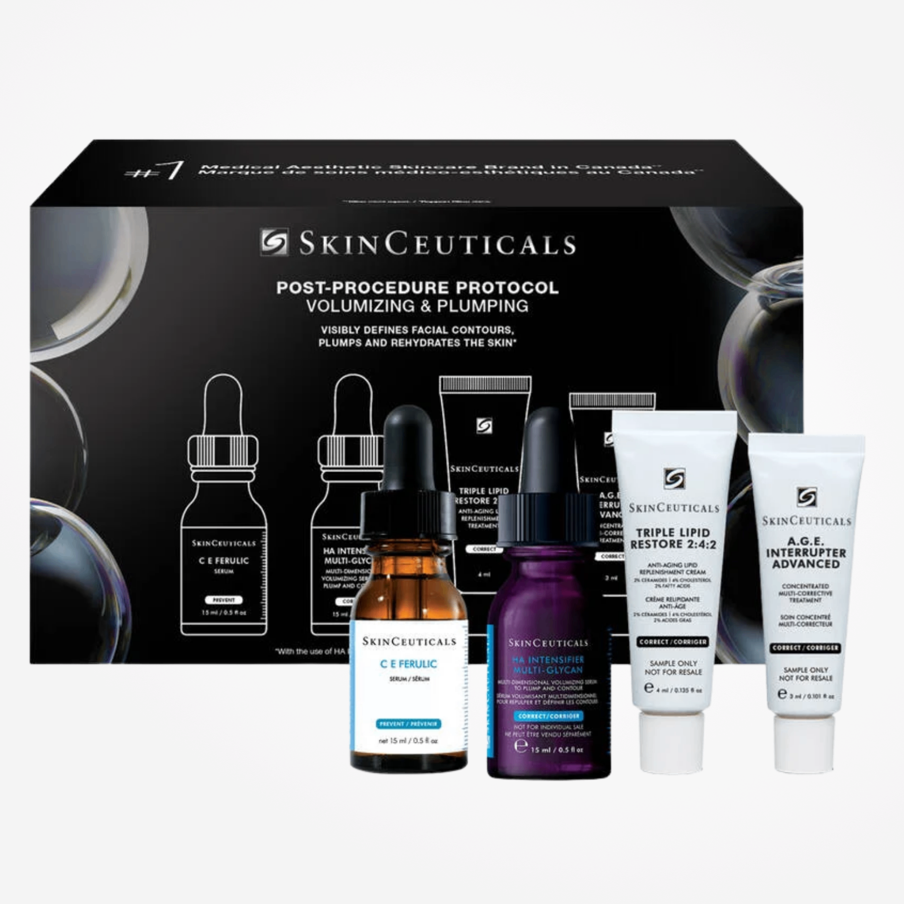 SkinCeuticals Post-Procedure Protocol kit with volumizing and plumping skincare products for skin recovery and rejuvenation.