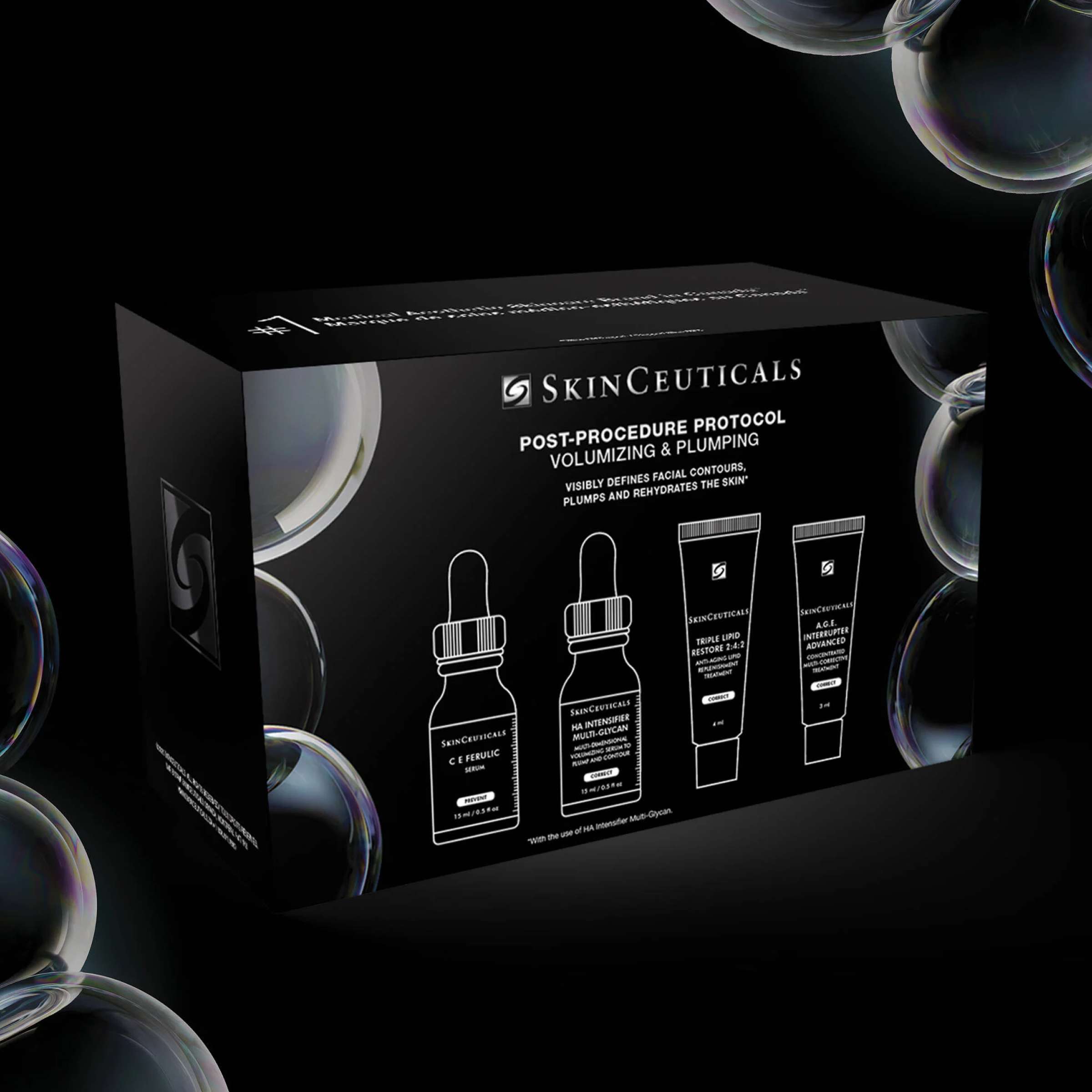 wedoskin SkinCeuticals post-procedure protocol kit with volumizing and plumping skincare products for skin recovery.