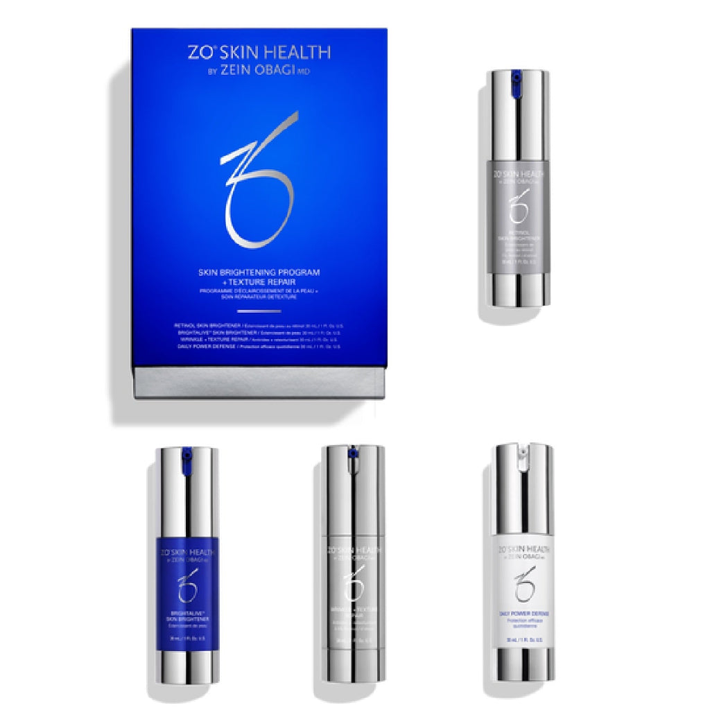 Wedoskin Zo Skin Health brightening and texture repair program kit with skincare products and instruction manual.