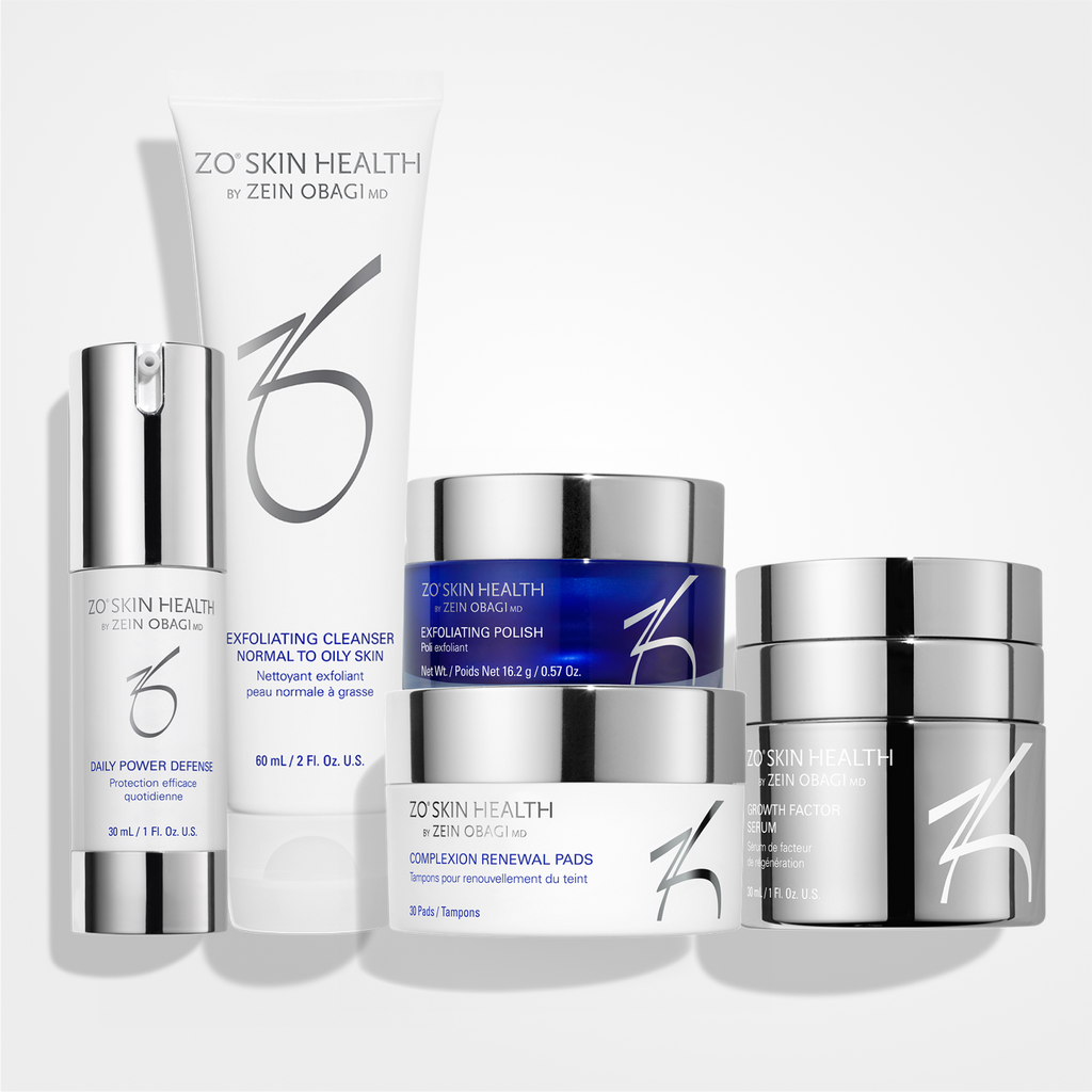 ZO Skin Health anti-aging program kit with skincare products and tools for mature skin rejuvenation and anti-aging treatment.