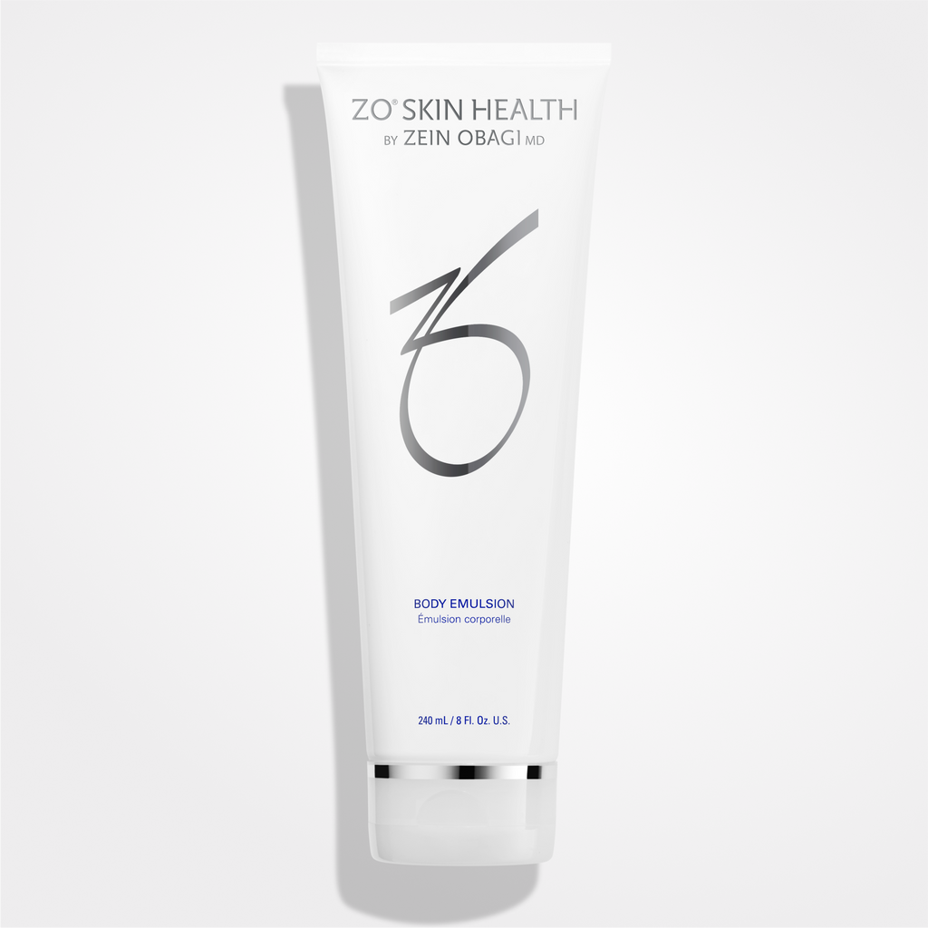 Wedoskin ZO Skin Health Body Emulsion bottle shown, featuring a white and blue label for nourishing body care.