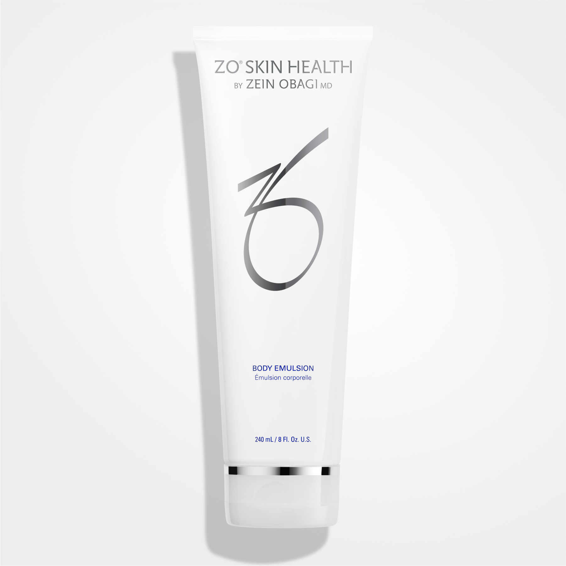 Wedoskin ZO Skin Health Body Emulsion bottle shown, featuring a white and blue label for nourishing body care.